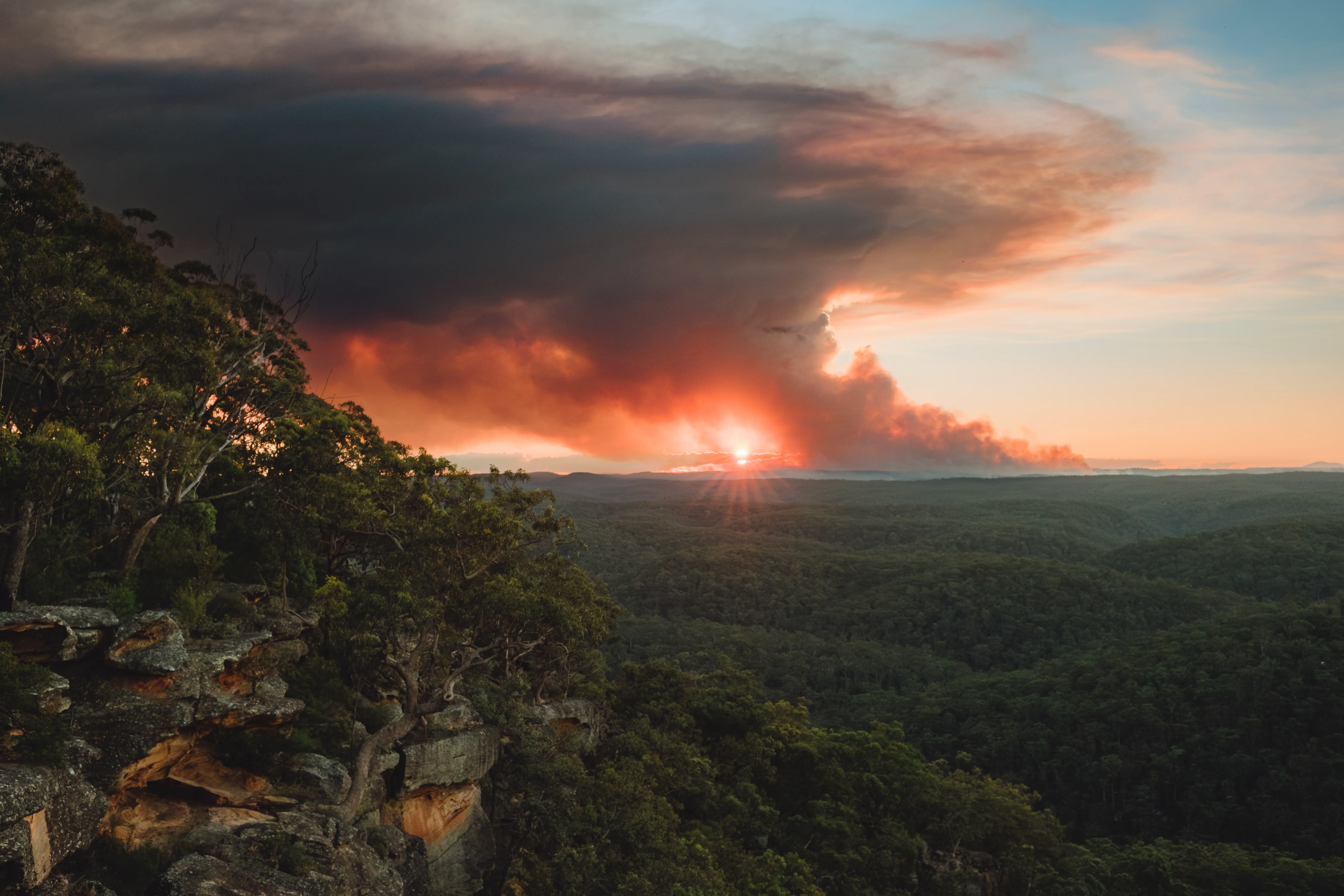 A cloud of smoke over the Australian bush at sunset