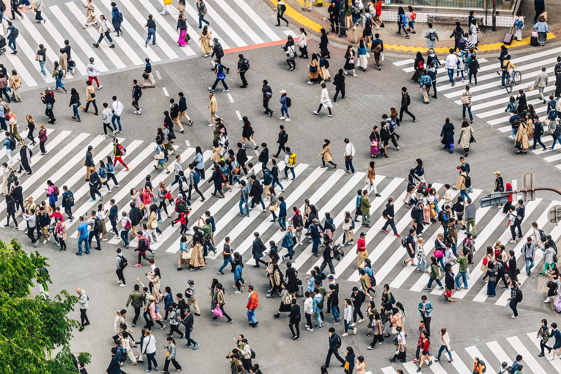 Overhead photo of pedestrian crowd crossing a busy city intersection