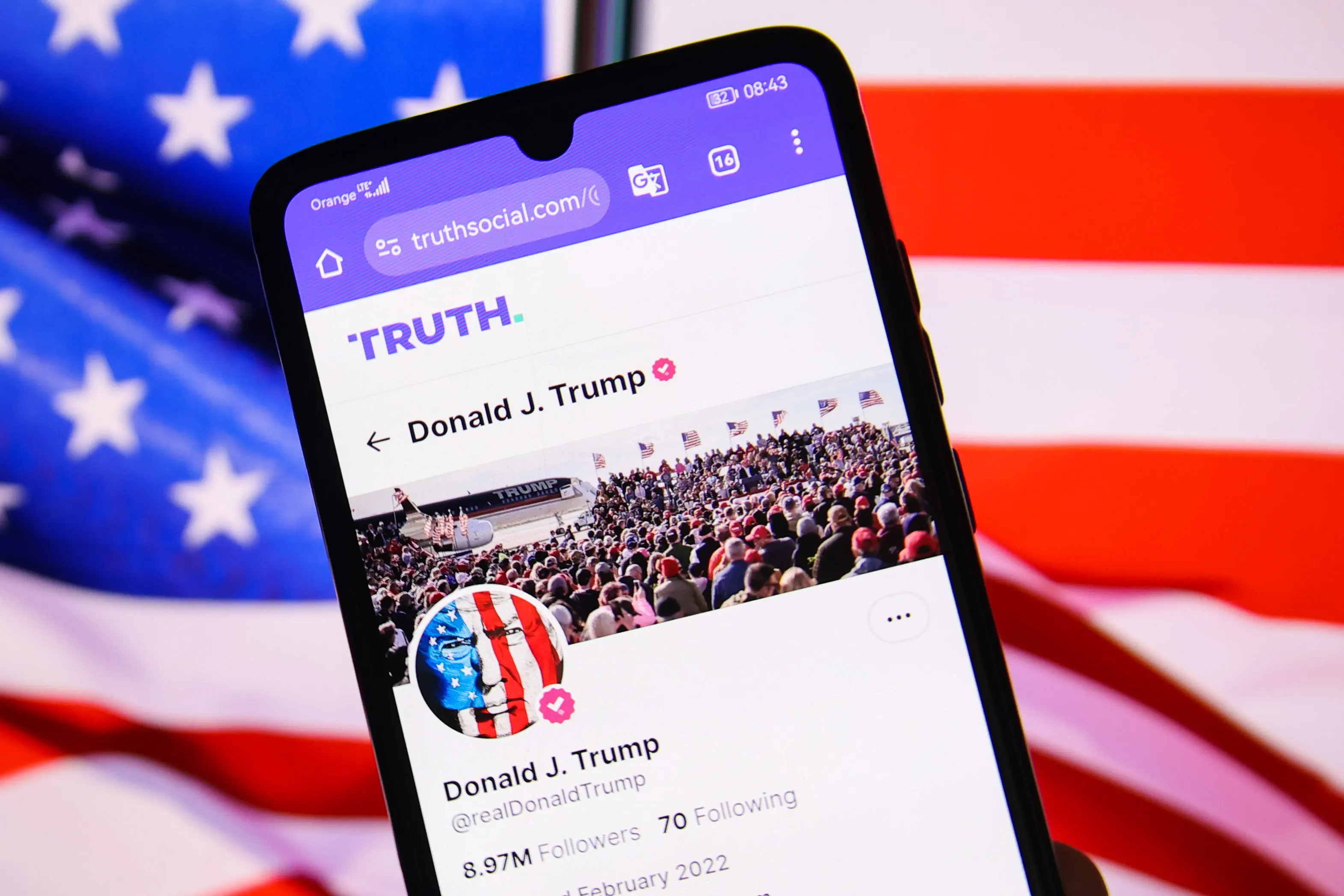 US President Donald J. Trump official 'Truth' account is displayed on a mobile phone screen