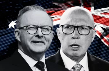 A graphic of headshots of Anthony Albanese and Peter Dutton in front of an Australian Flag