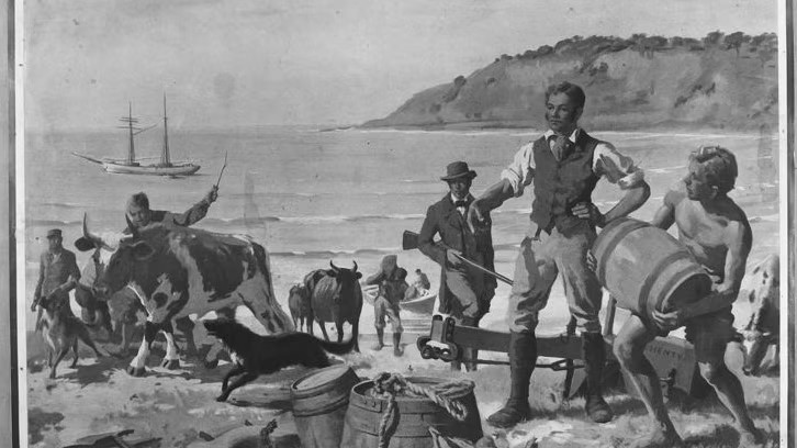 Old painting of people unloading a ship onto a beach 