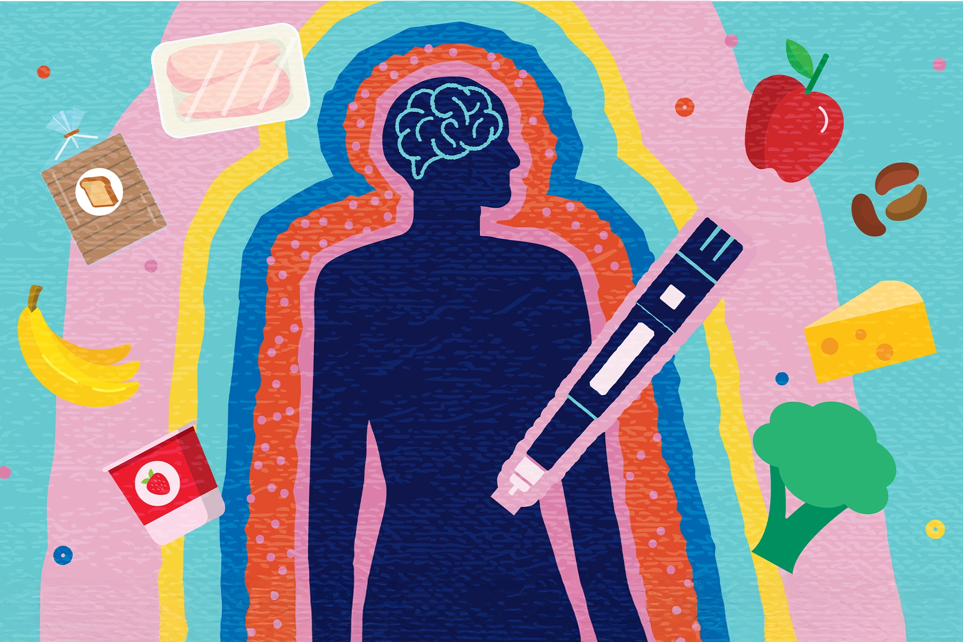 Illustration of a silhouette of a person surrounded by floating food and a large syringe