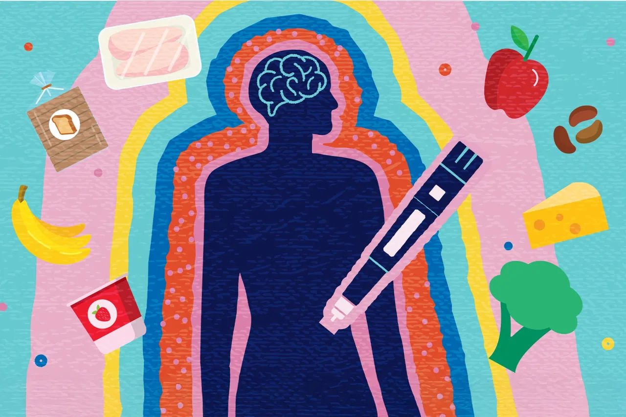 Illustration of a silhouette of a person surrounded by floating food and a large syringe