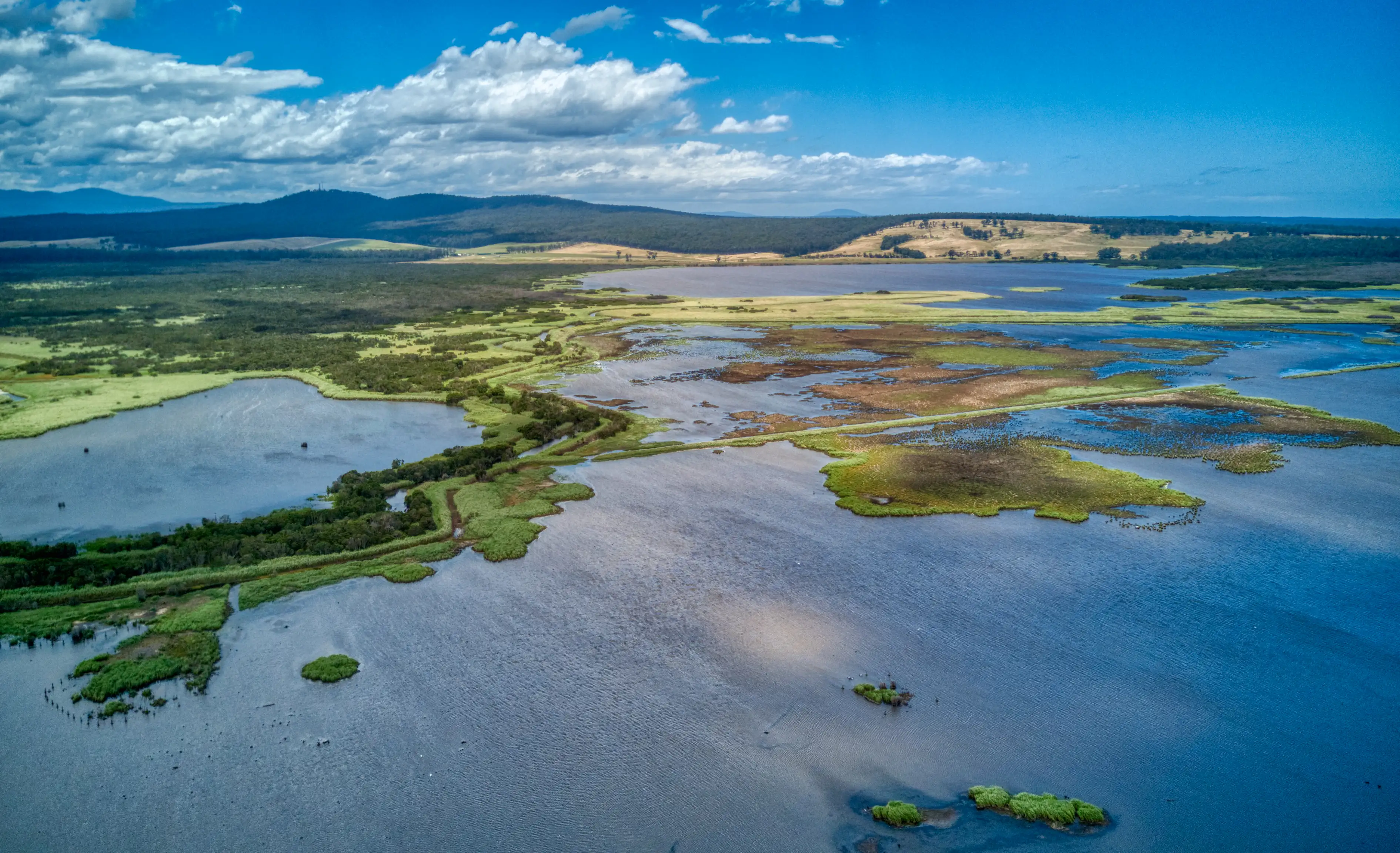 Aerial view of flood plains of the Lake Curlip Wildlife Reserve, alongside the Snowy River, near Marlo, in Gippsland, Victoria.