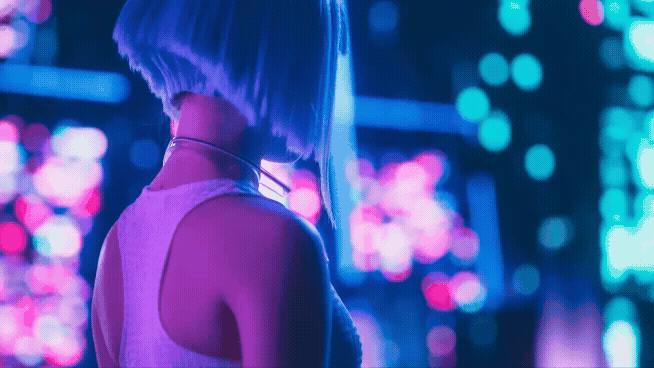 A young female cosplayer in a neon-lit room