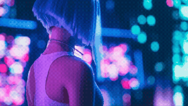 A young female cosplayer in a neon-lit room