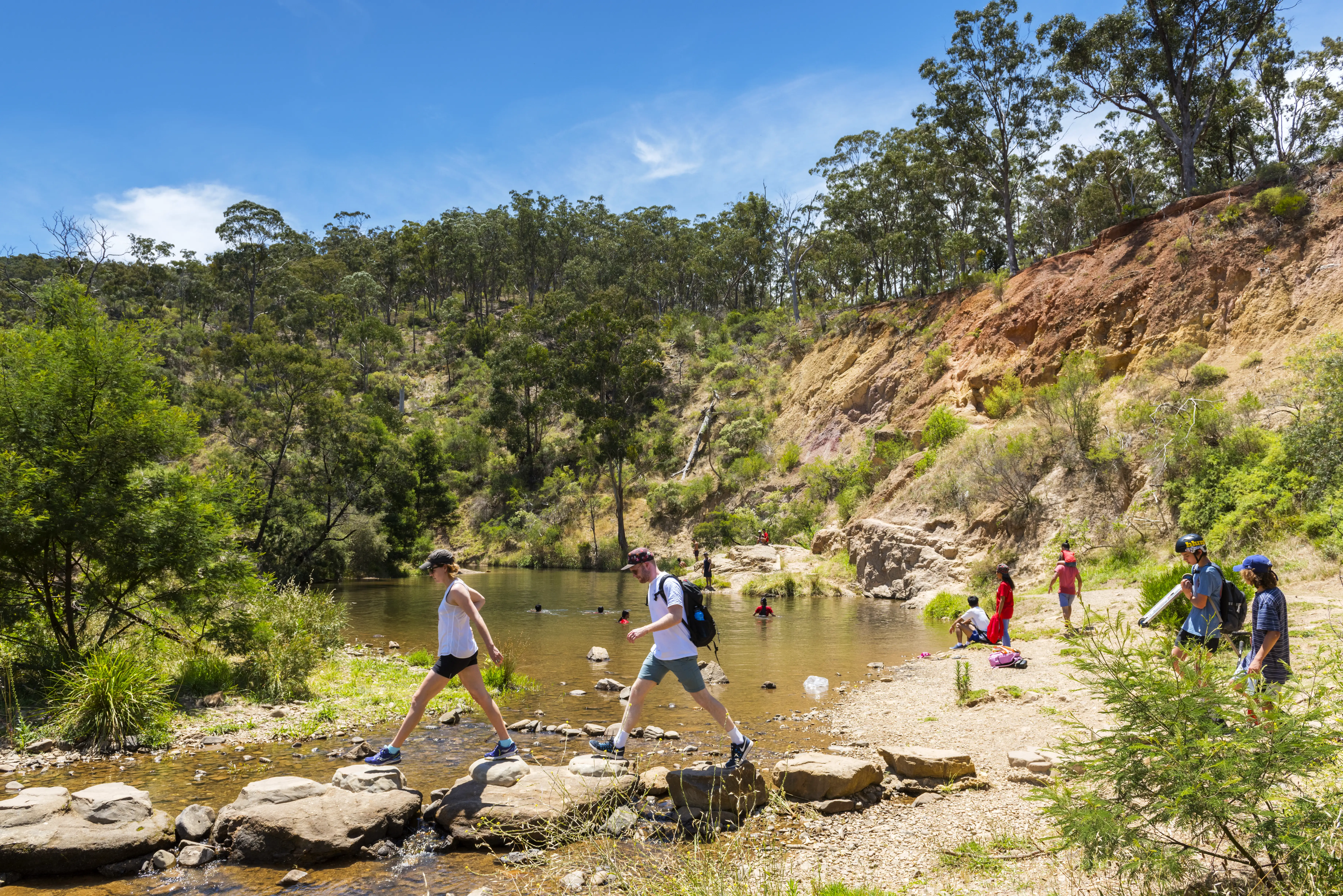 Lerderderg Gorge near Bacchus Marsh in Victoria with hikers and swimmers.