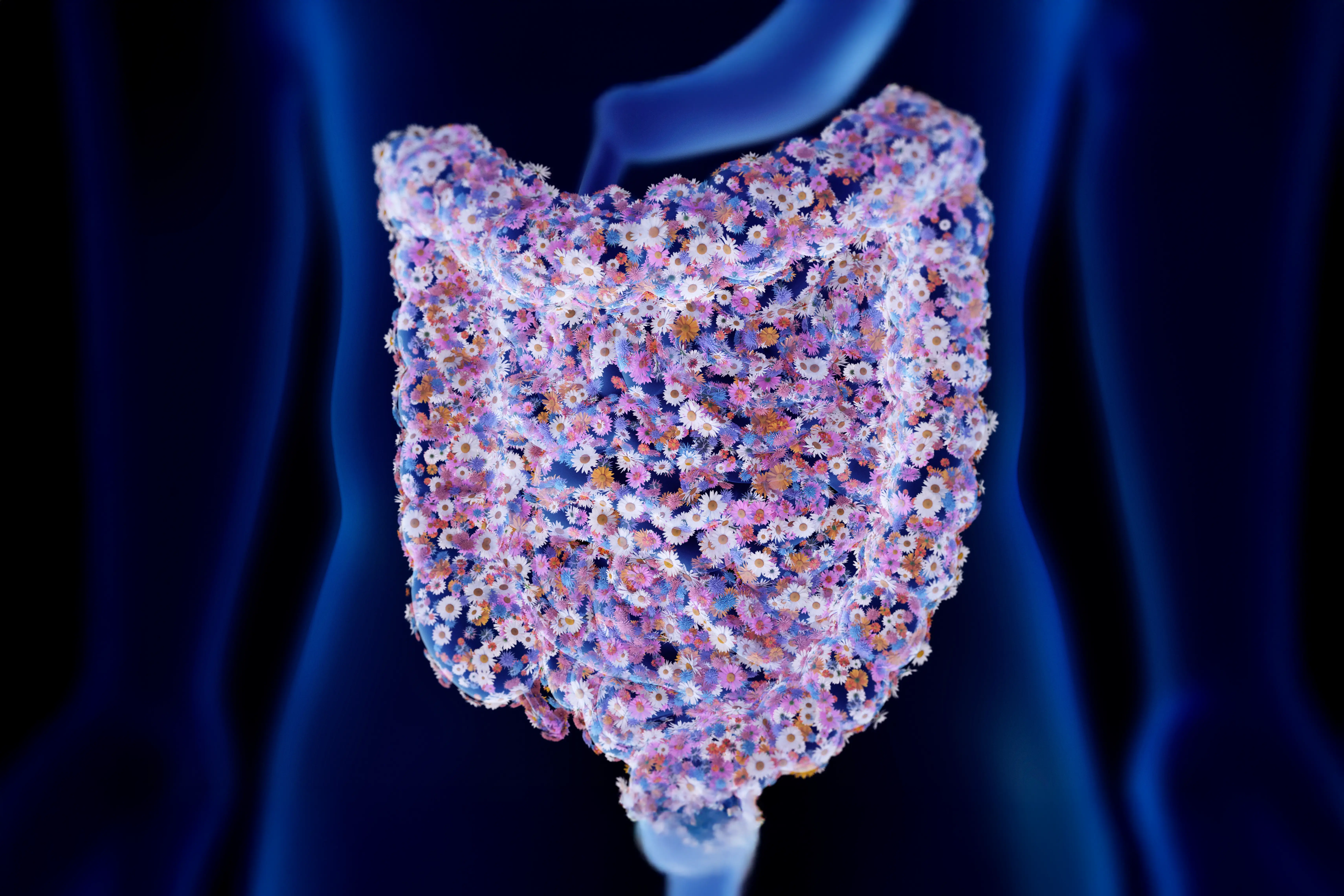 An animated image of small flowers in the shape of a stomach and intestines to depict the concept of gut flora