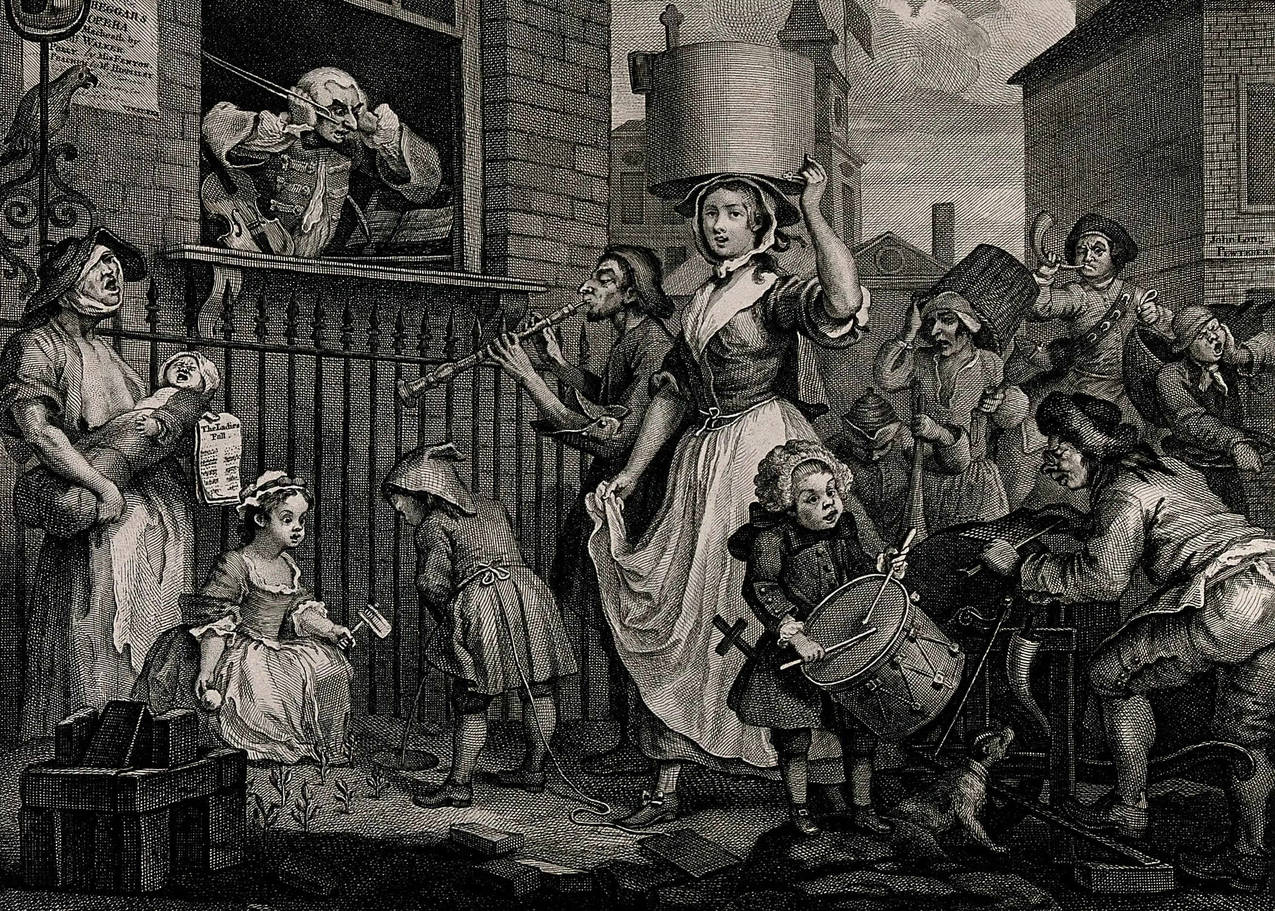 The Enraged Musician by William Hogarth an engraving with a pregnant ballad-seller on the left.