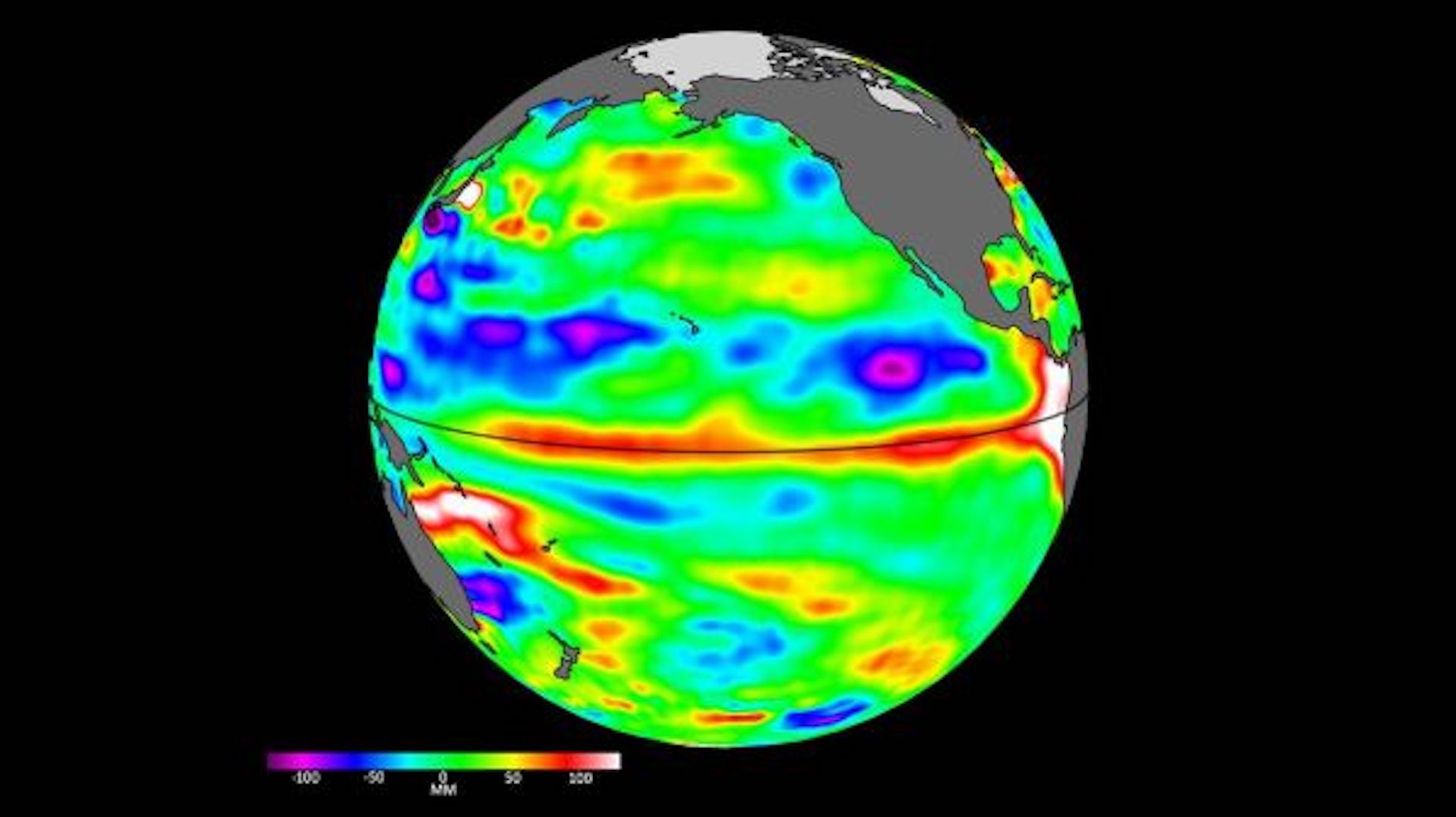 Satellite image of Earth showing areas of the Pacific ocean that are warmer and higher - a sign of El Nino