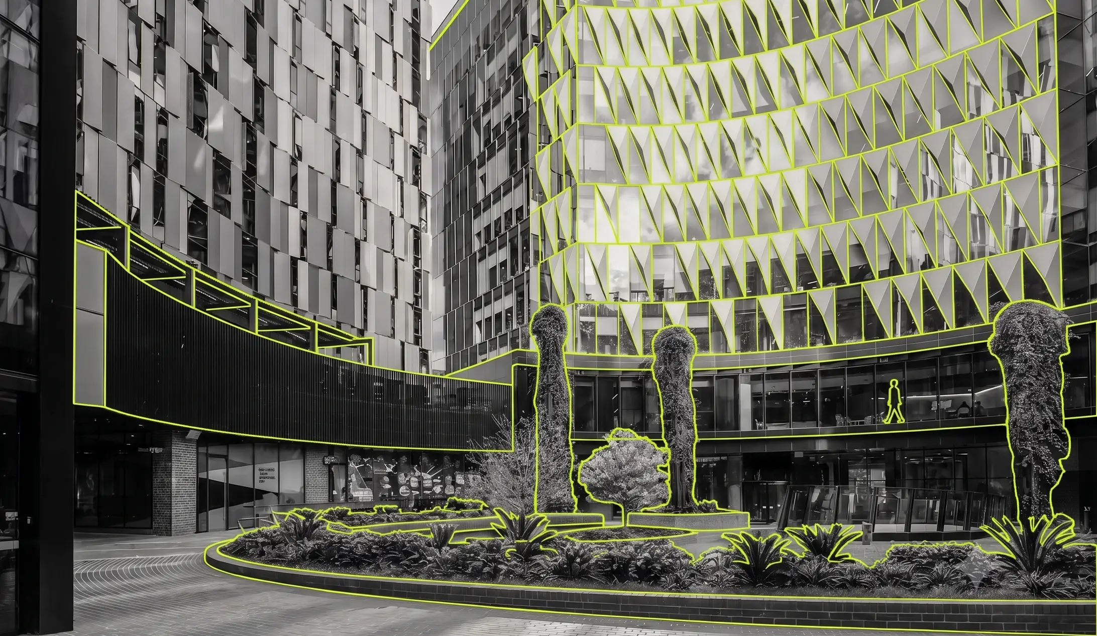 A black-and-white photo of Melbourne Connect with elements picked out in lime green 