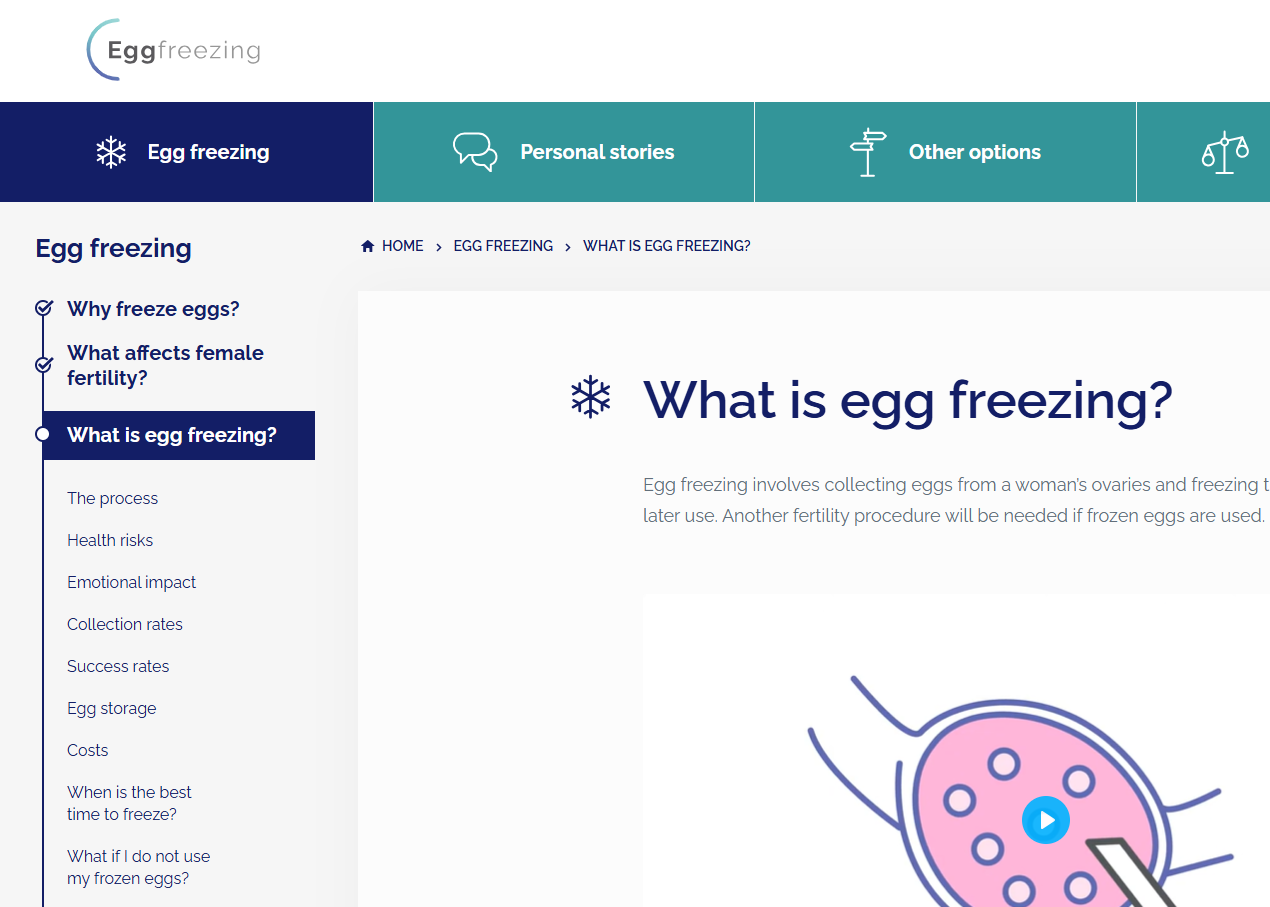 Egg freezing website  screenshot