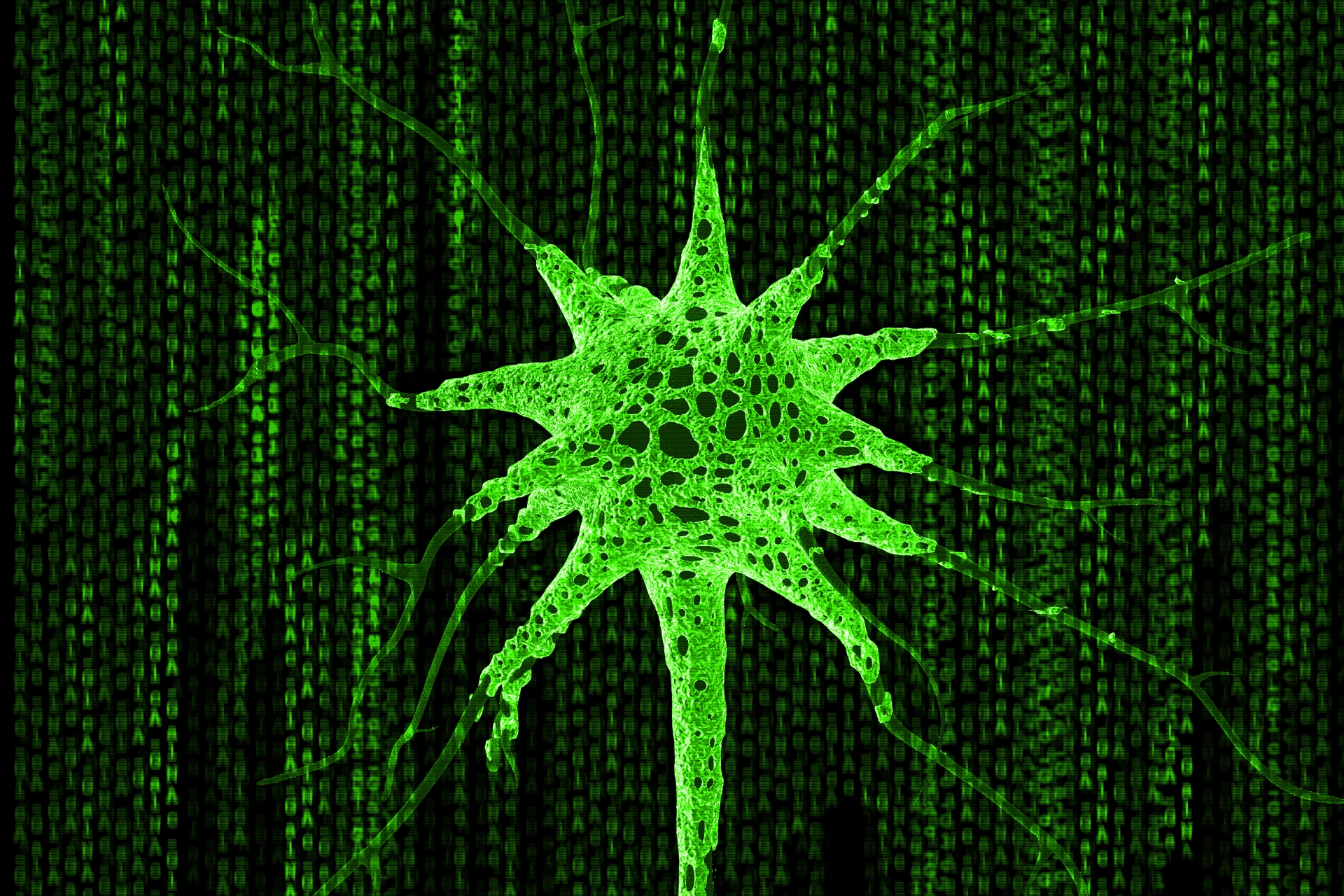 Digital image of a neuron with cascading letters behind