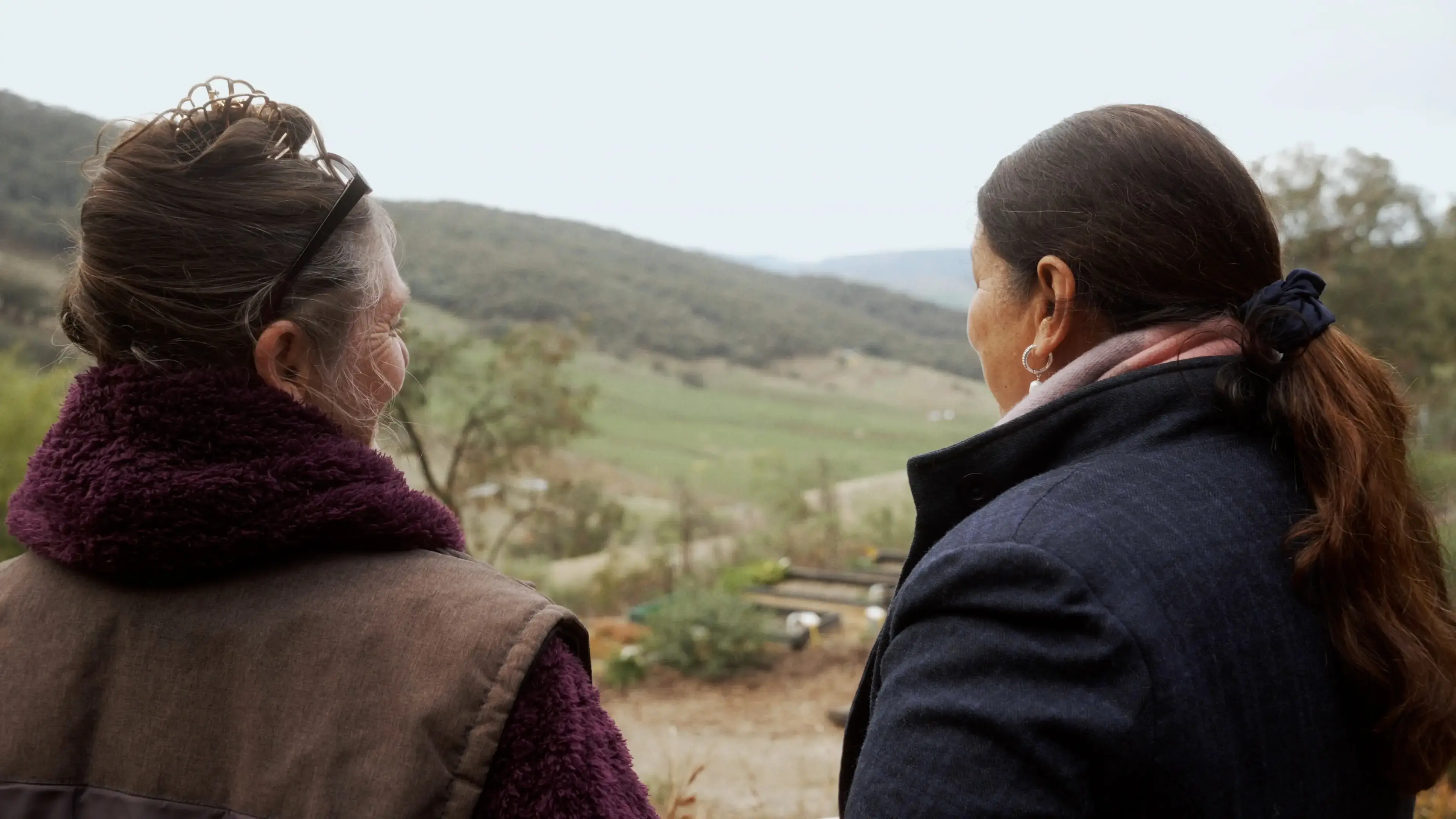 Two people stand with their backs facing the camera as they look out over a farm and hills