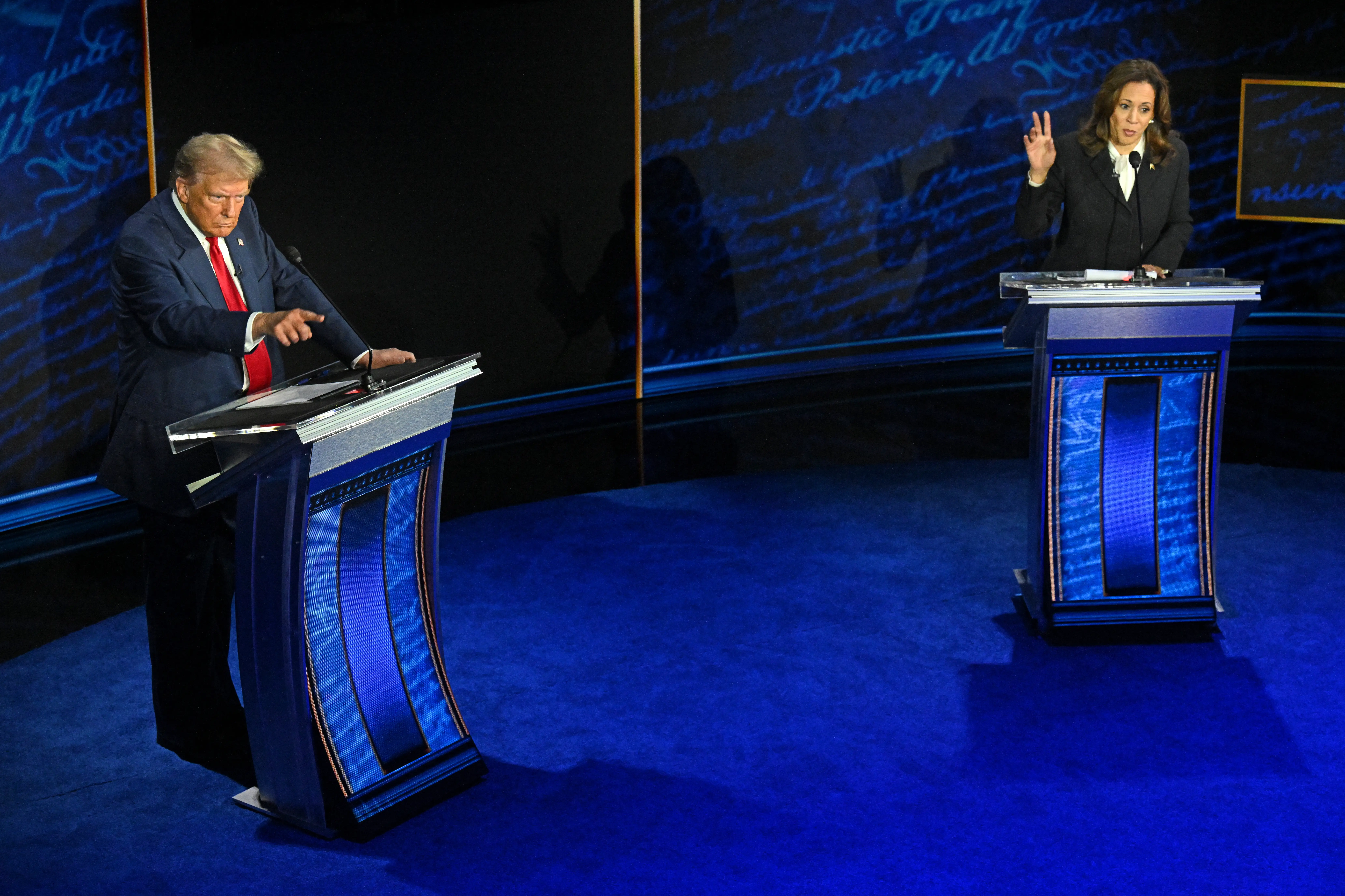 Former US President and Republican presidential candidate Donald Trump speaks during a presidential debate with US Vice President and Democratic presidential candidate Kamala Harris