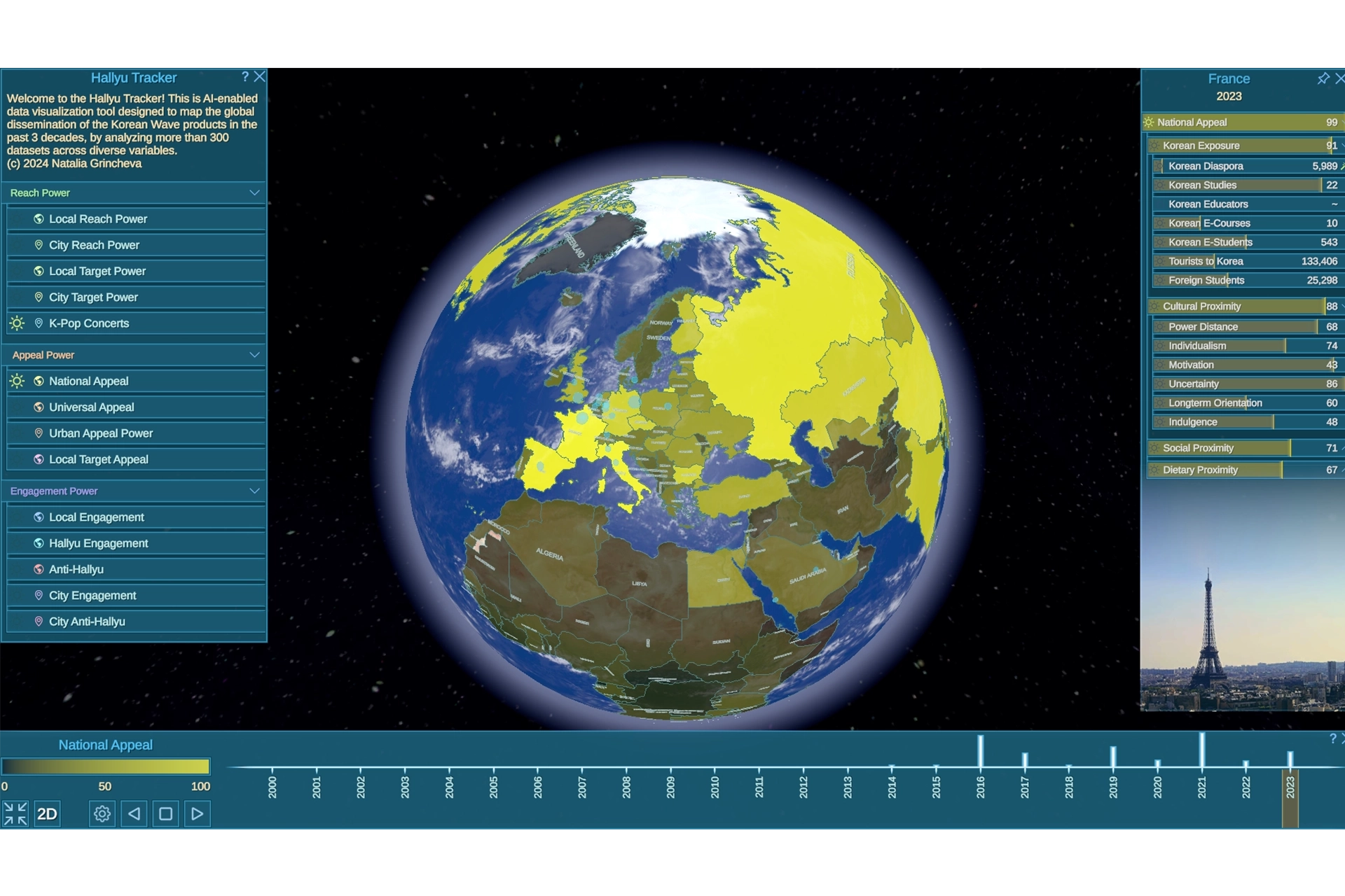 Digital map of the globe with different countries highlighted based on their compatibility with Korean Wave features