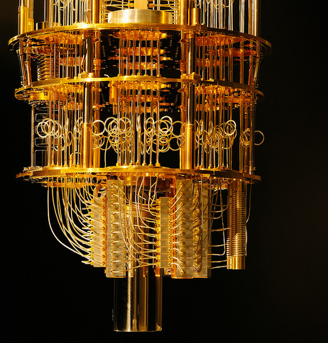 A side view of an IBM quantum computer and cooling system