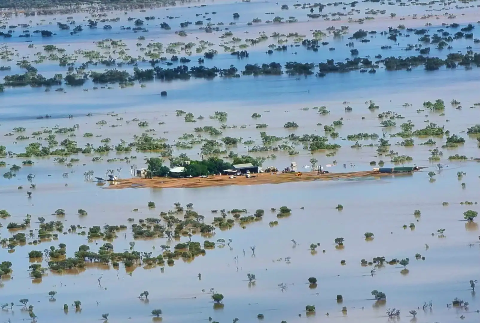 An isolated sheep and cattle station surrounded by floodwaters at Jundah in outback Queensland.