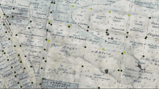 Panning across old survey maps of Melbourne with dots where trees were marked
