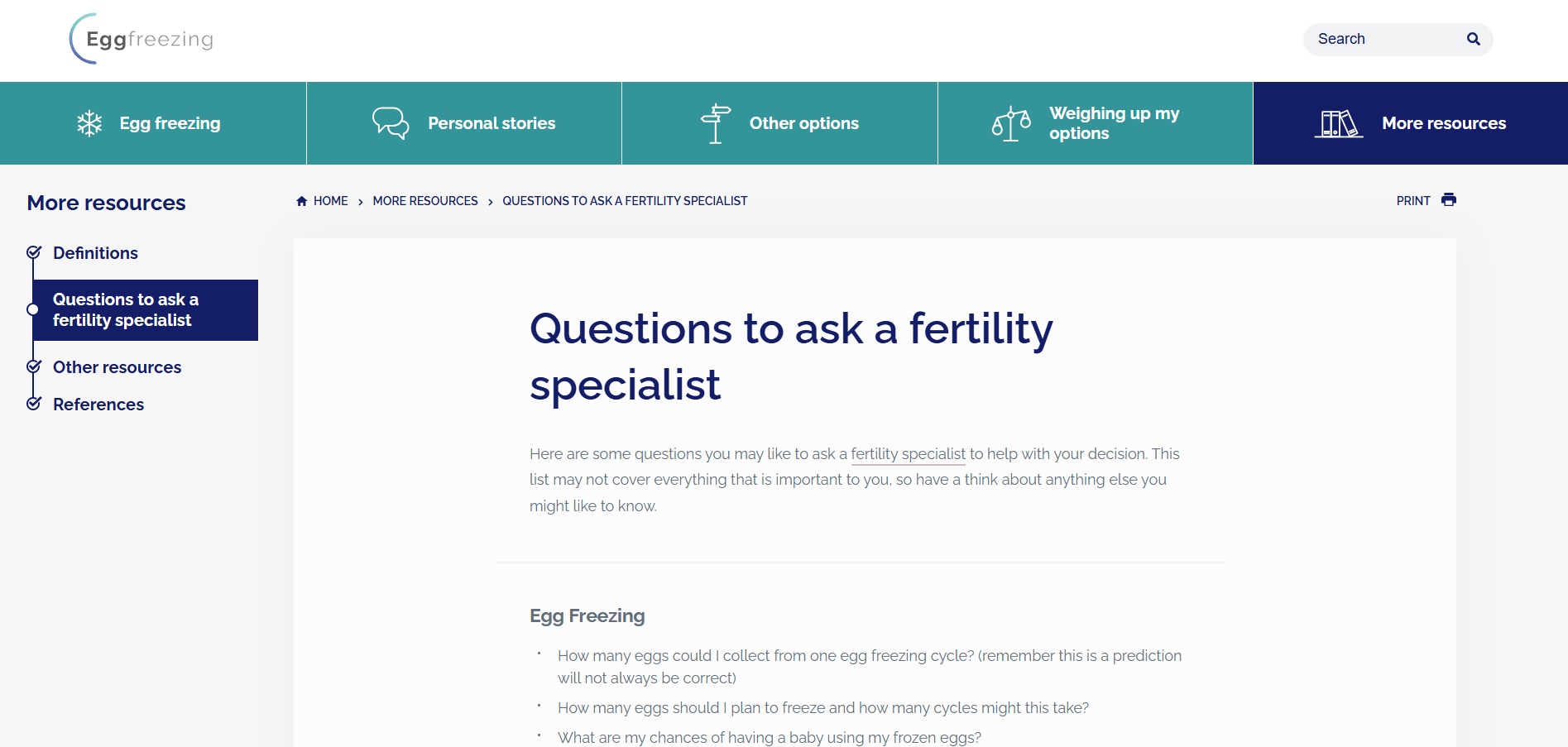 Egg freezing website  screenshot