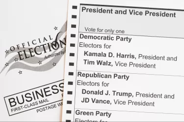 2024 US presidential election ballot paper with names of Democrat and Republican candidates