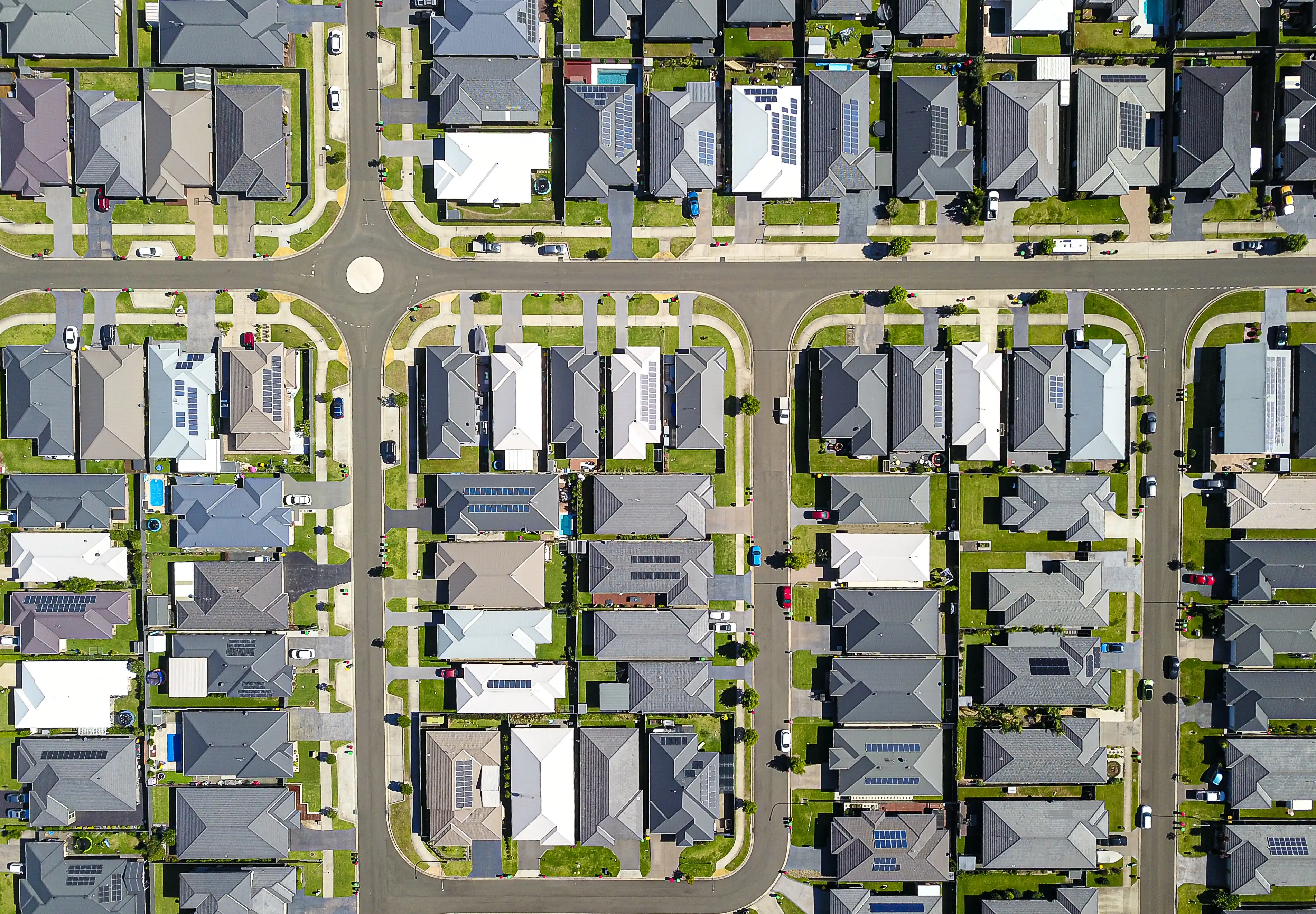 An aerial view of a new housing estate in the suburbs. Urban sprawl