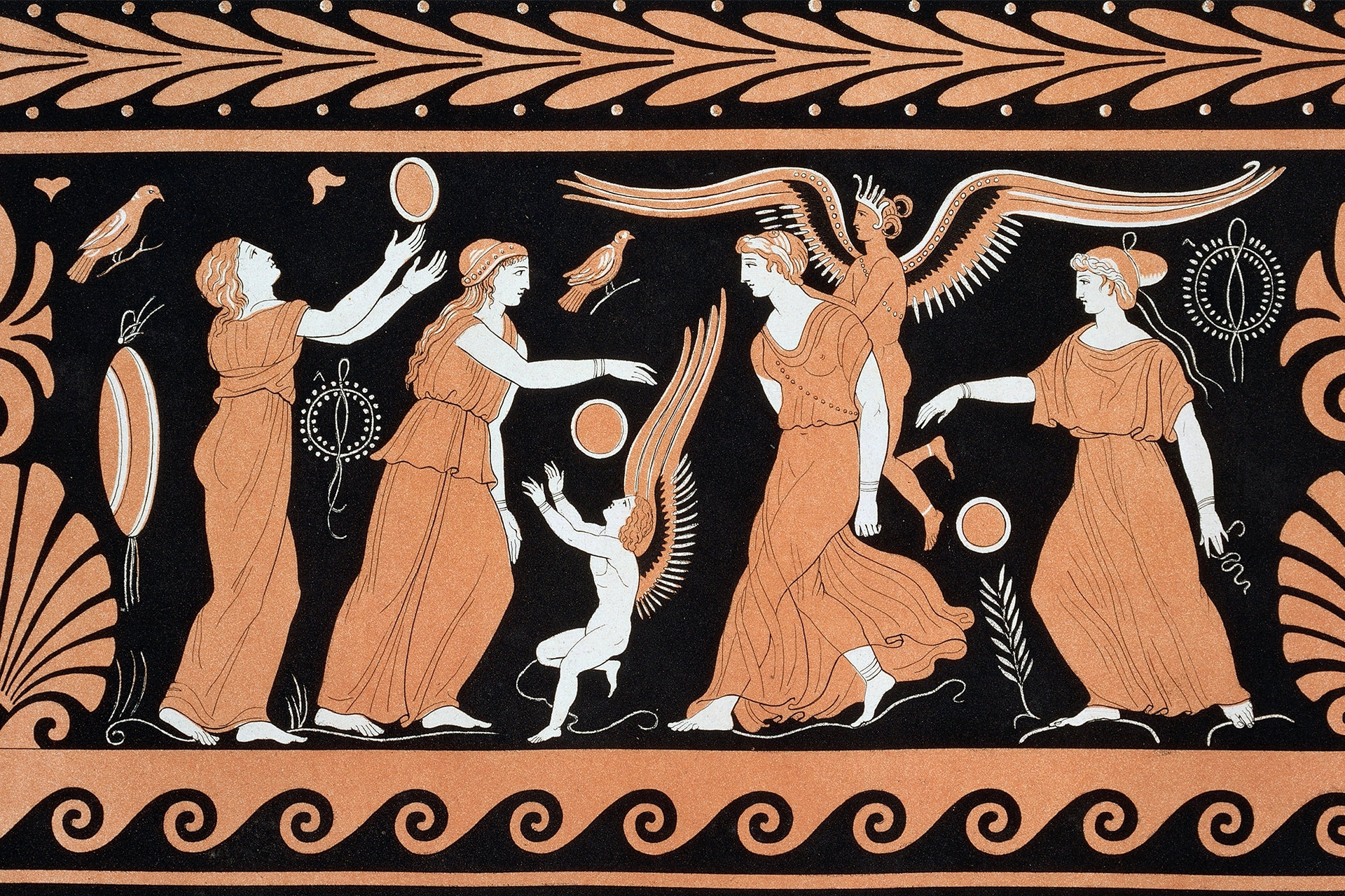 Black and orange drawing of ancient figures playing ball sports