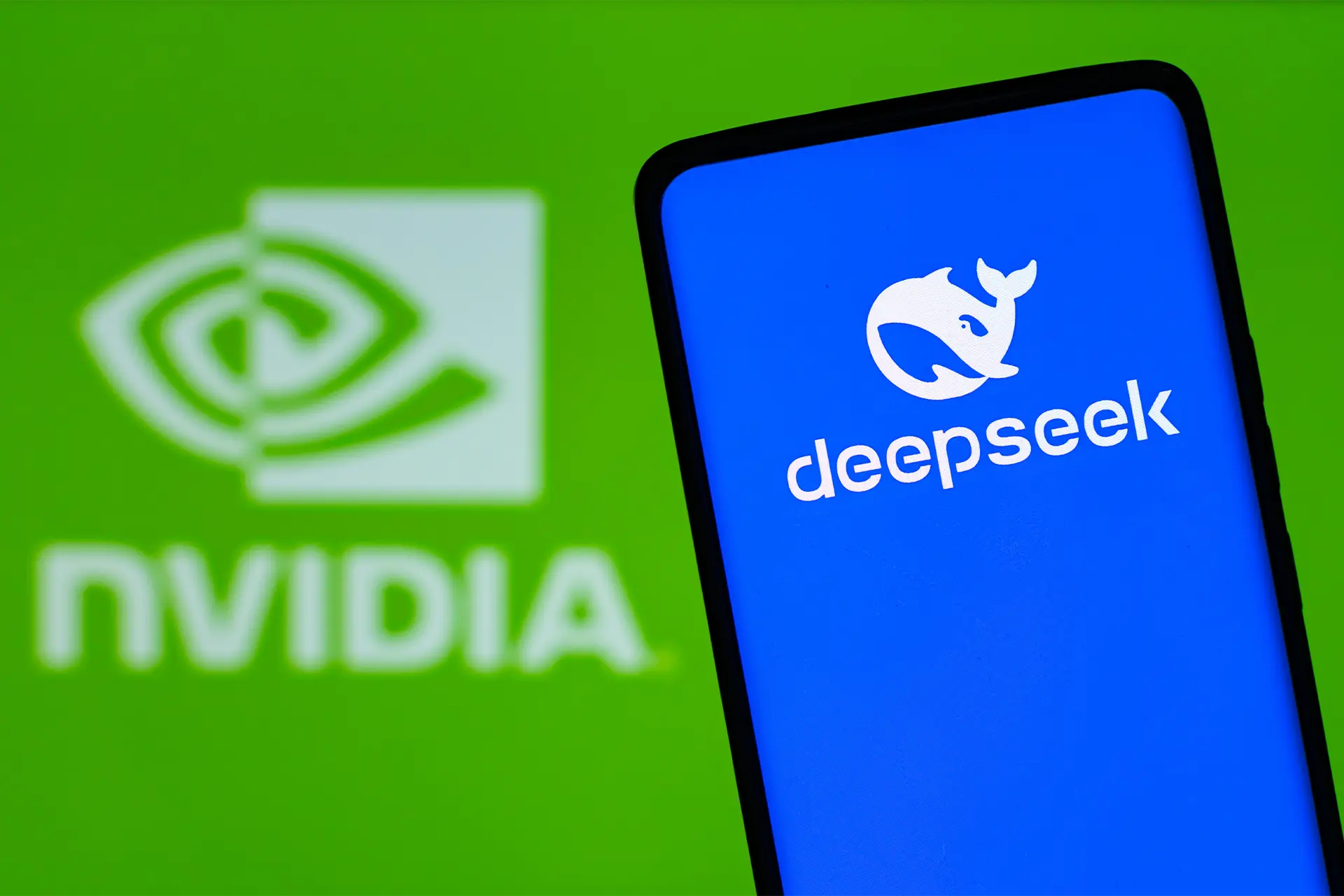DeepSeek logo in front of Nvidia logo