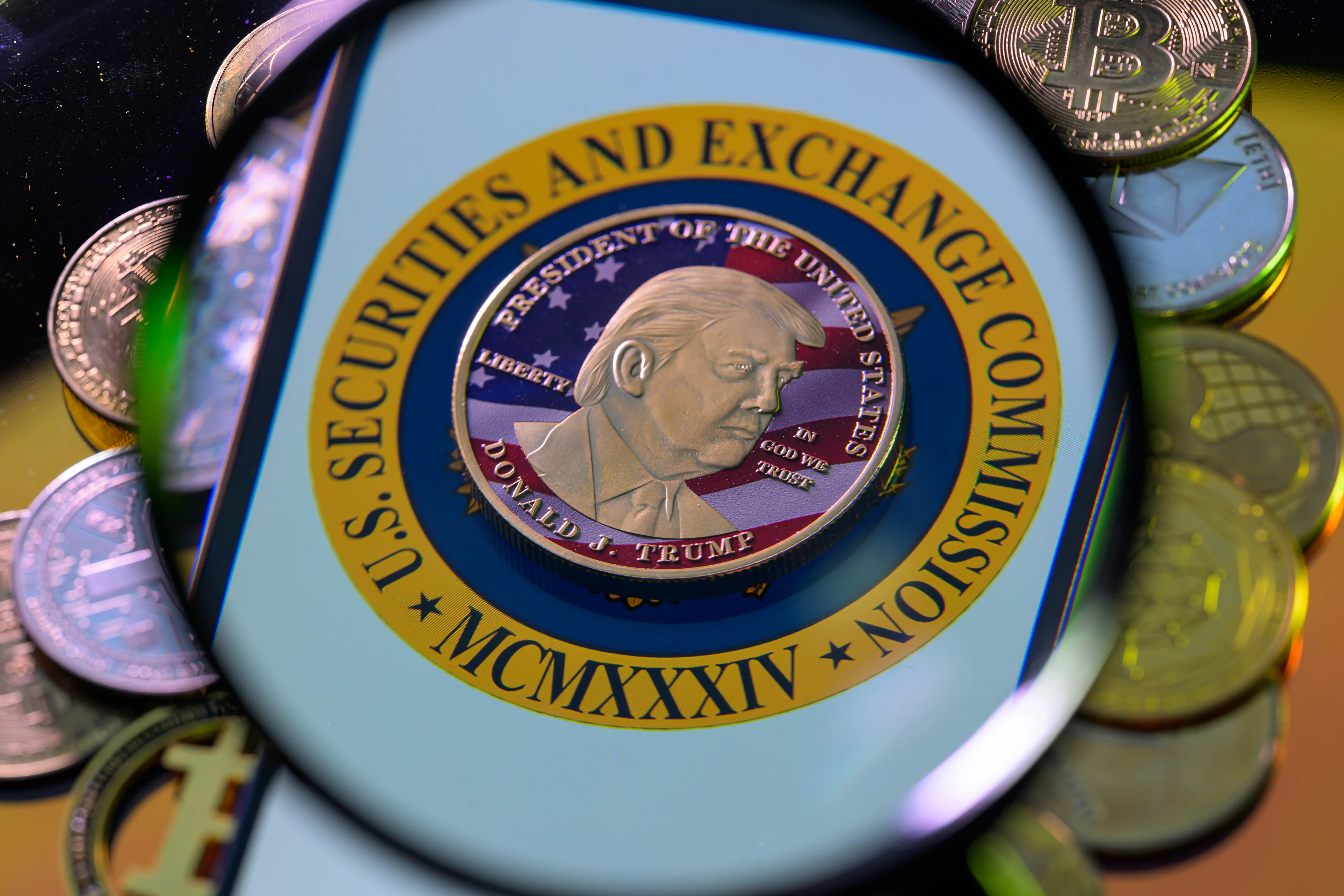 A representation of cryptocurrency coins with the $Trump meme coin 
