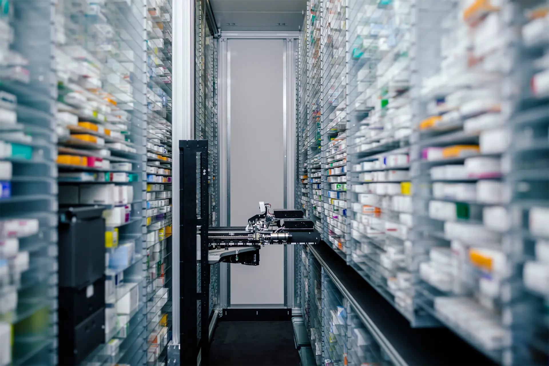 Rows of shelves with boxes of drugs