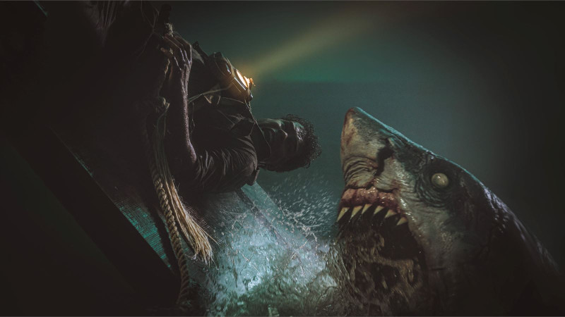 Zombie shark attacking a man in the dark