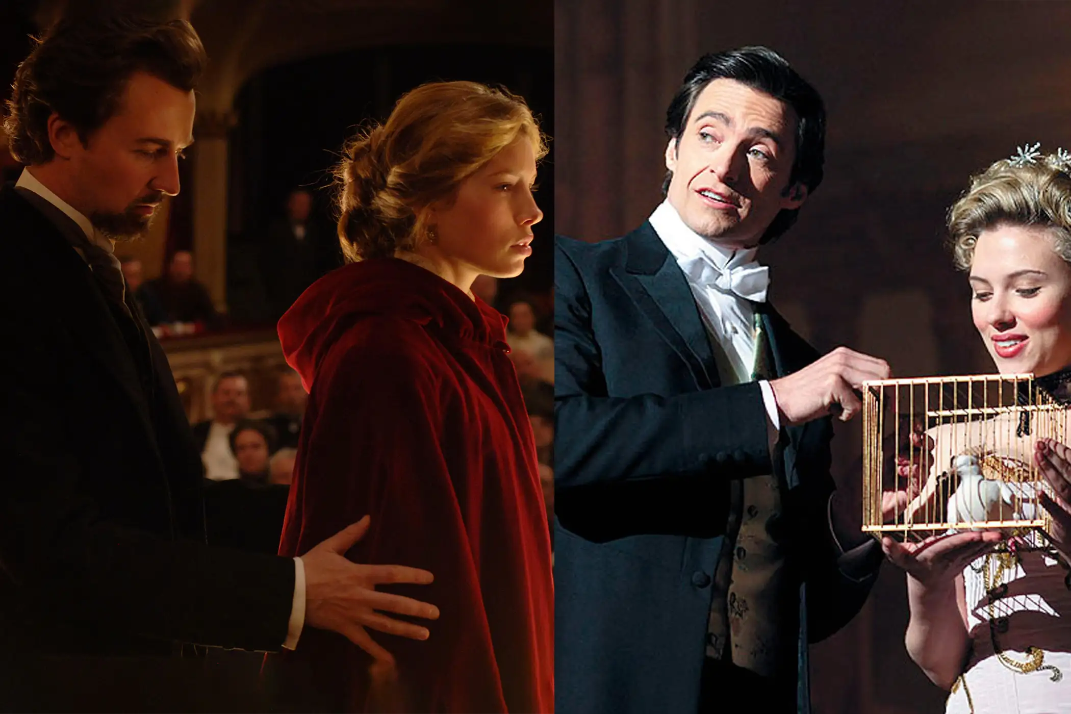 A split image of the two movies featuring similar scenes of stage magic