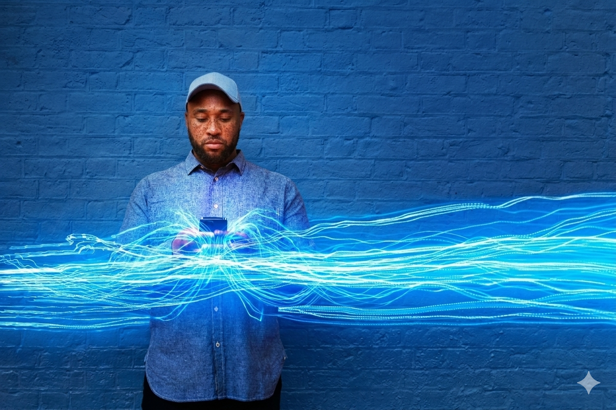 A man using his mobile phone against a blue wall with neon SFX around him