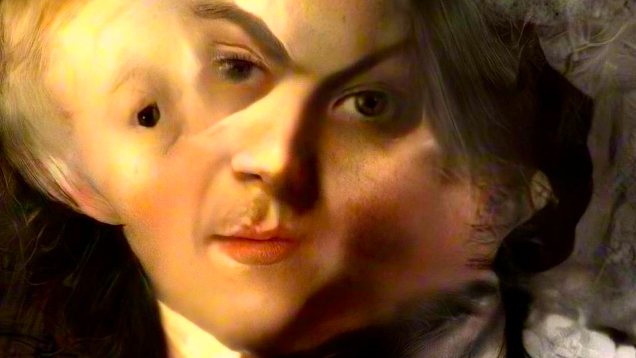 An artwork made by AI that blends several painted faces together