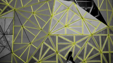 A black-and-white photo of a building with elements picked out in lime green