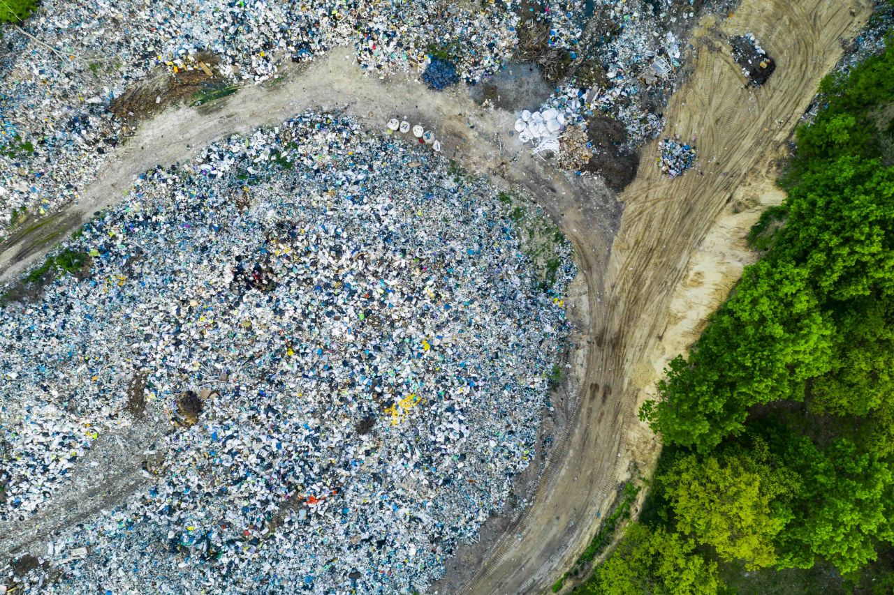 Aerial drone view of extensive landfill dump 