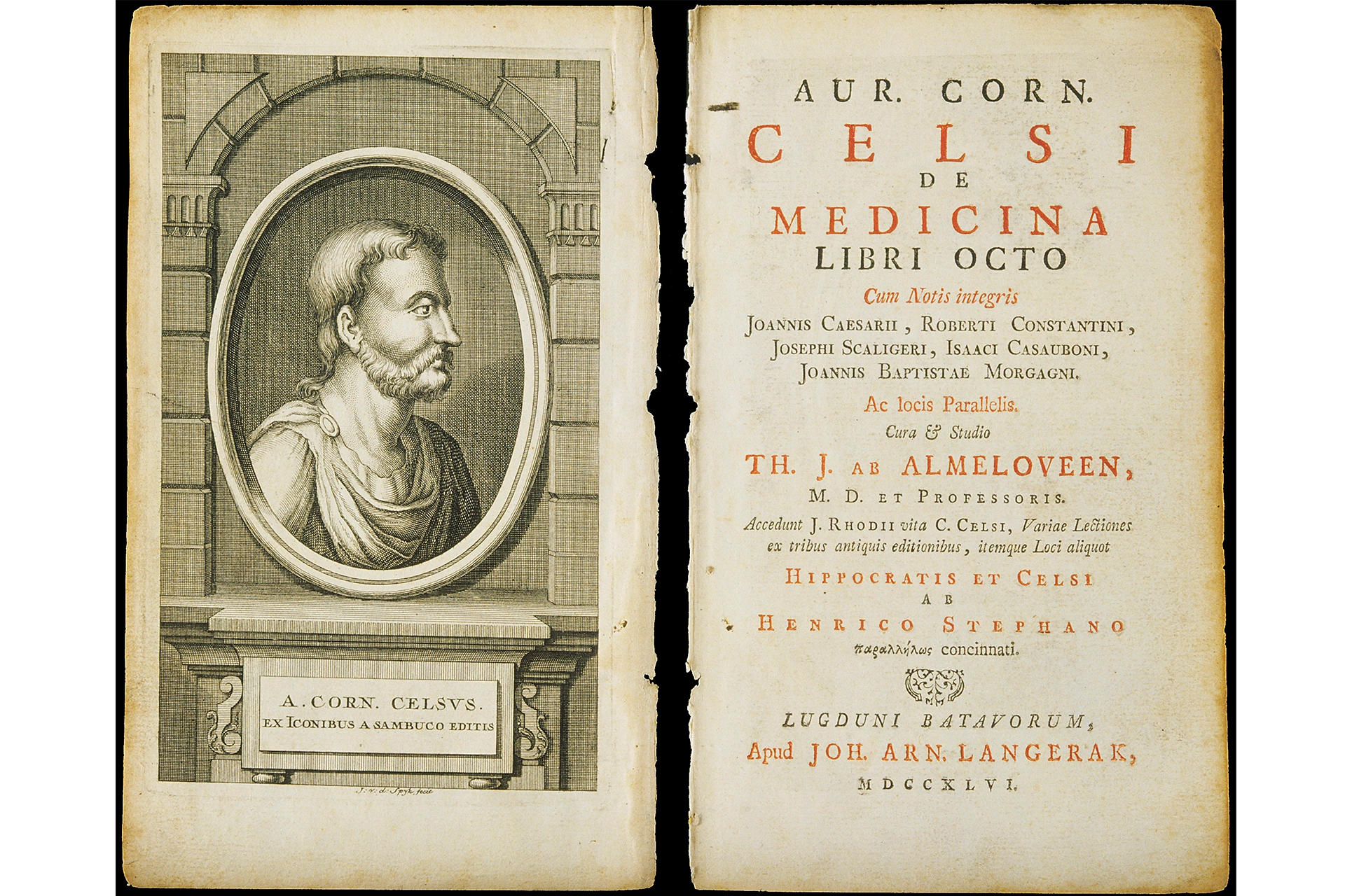 Pages from an ancient book (De Medicina) with a drawing of its author, Celsus. 