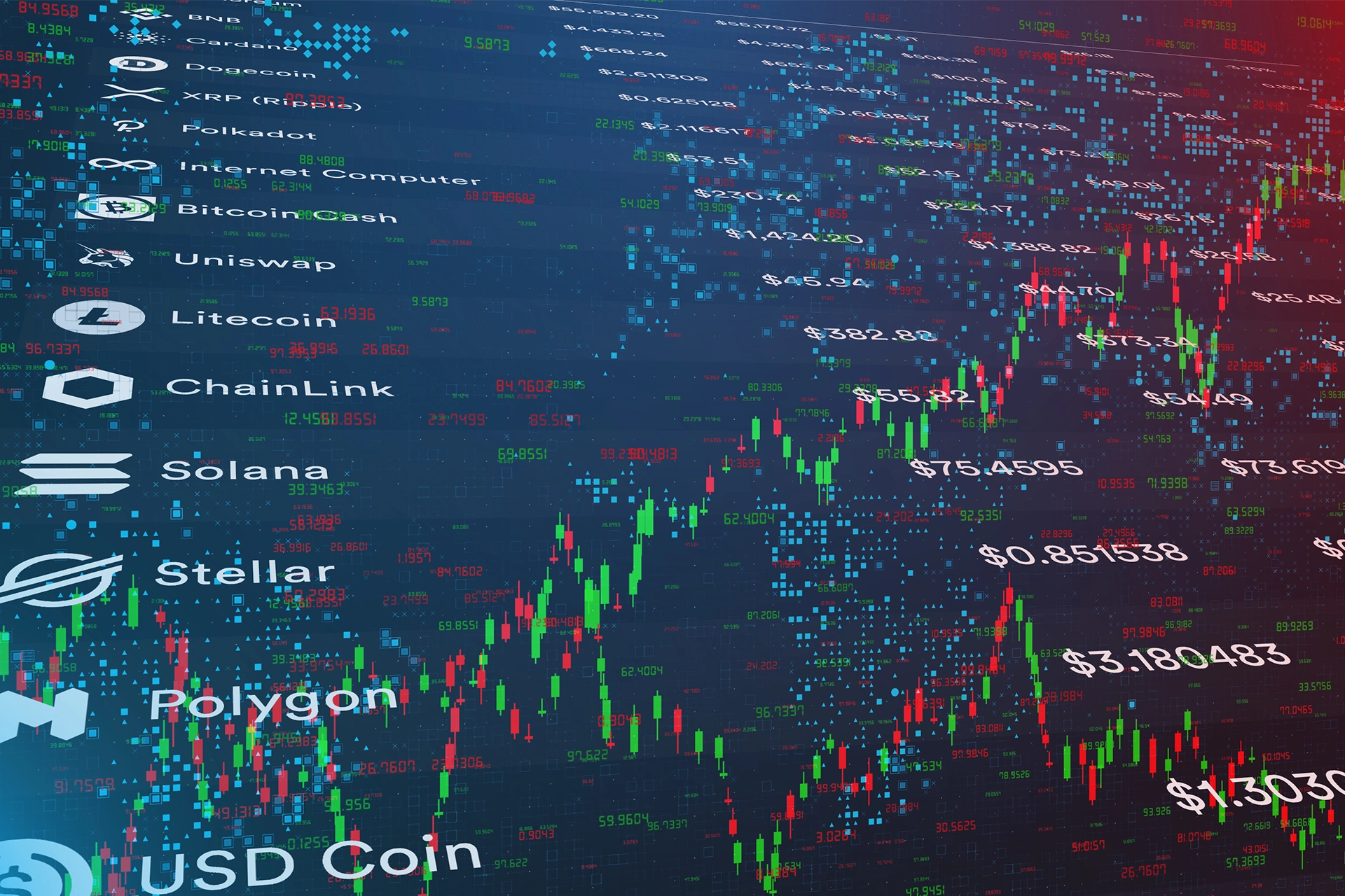 Digital screens showing various digital currencies and their value