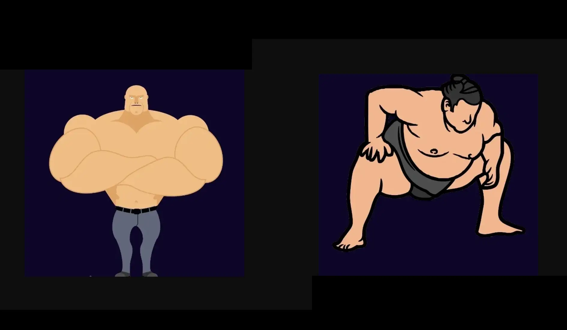 Line drawings of a sumo wrestler and a body builder