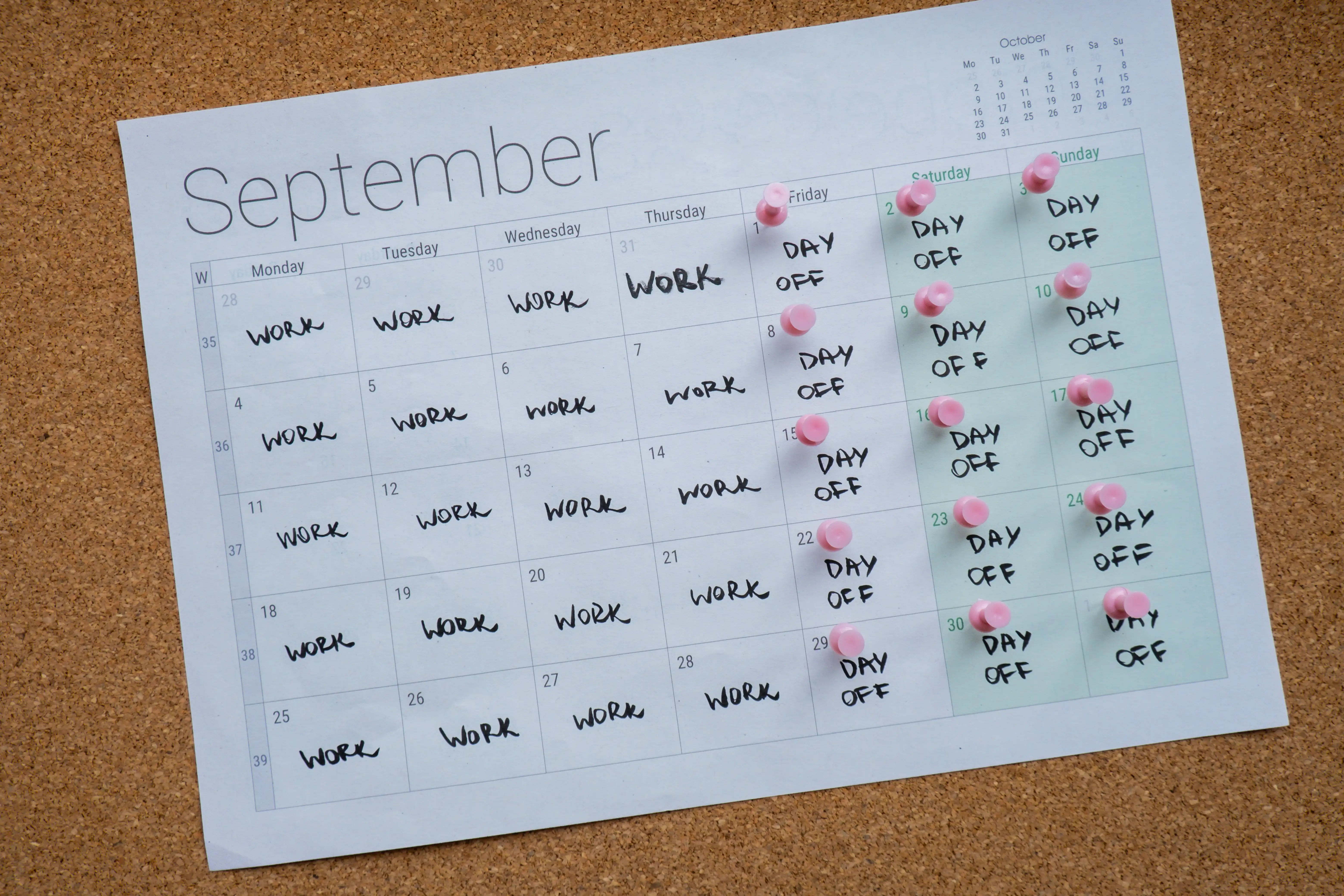 A calendar showing a four-day working week