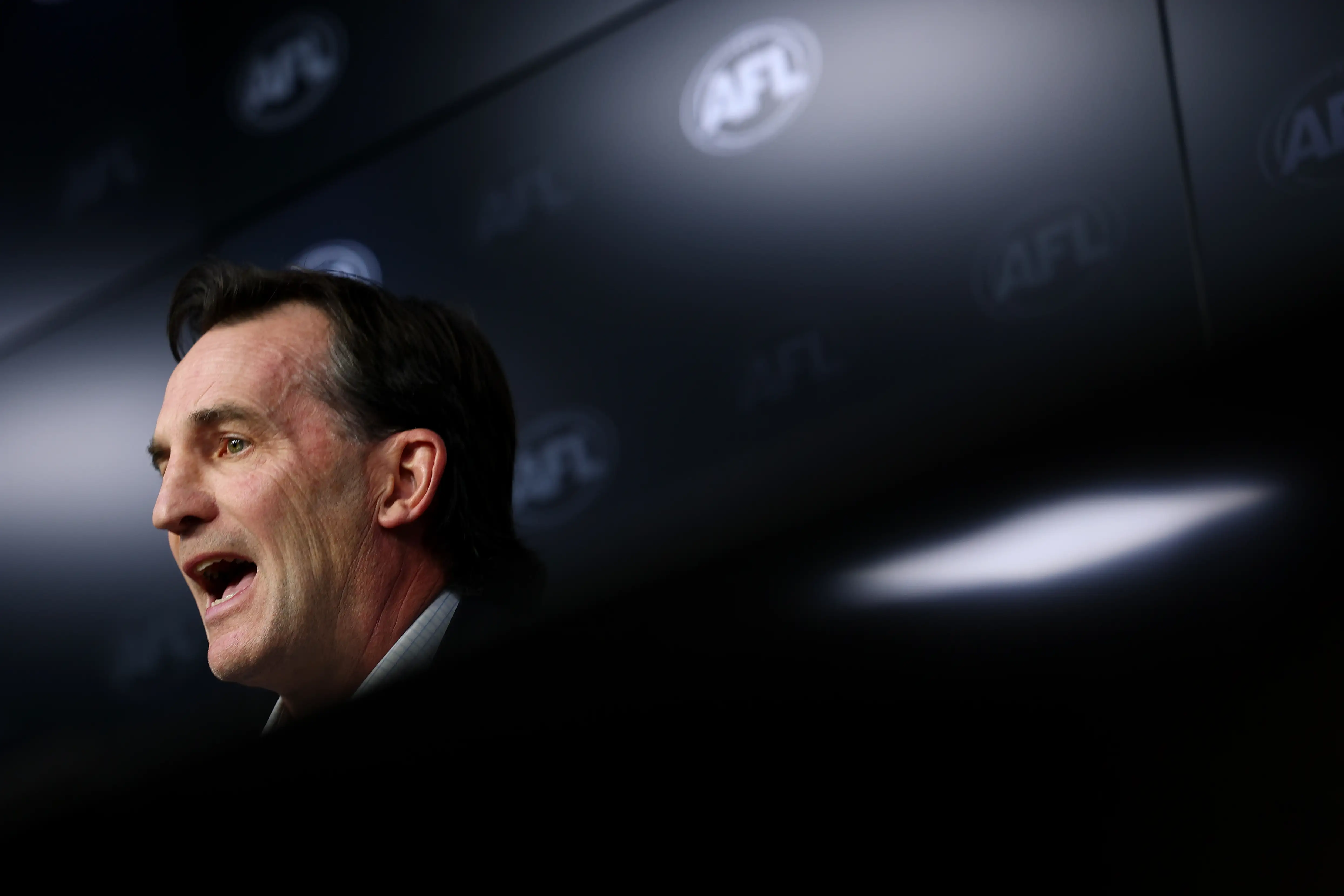 AFL CEO Andrew Dillon at a press conference at AFL House in August 2025.
