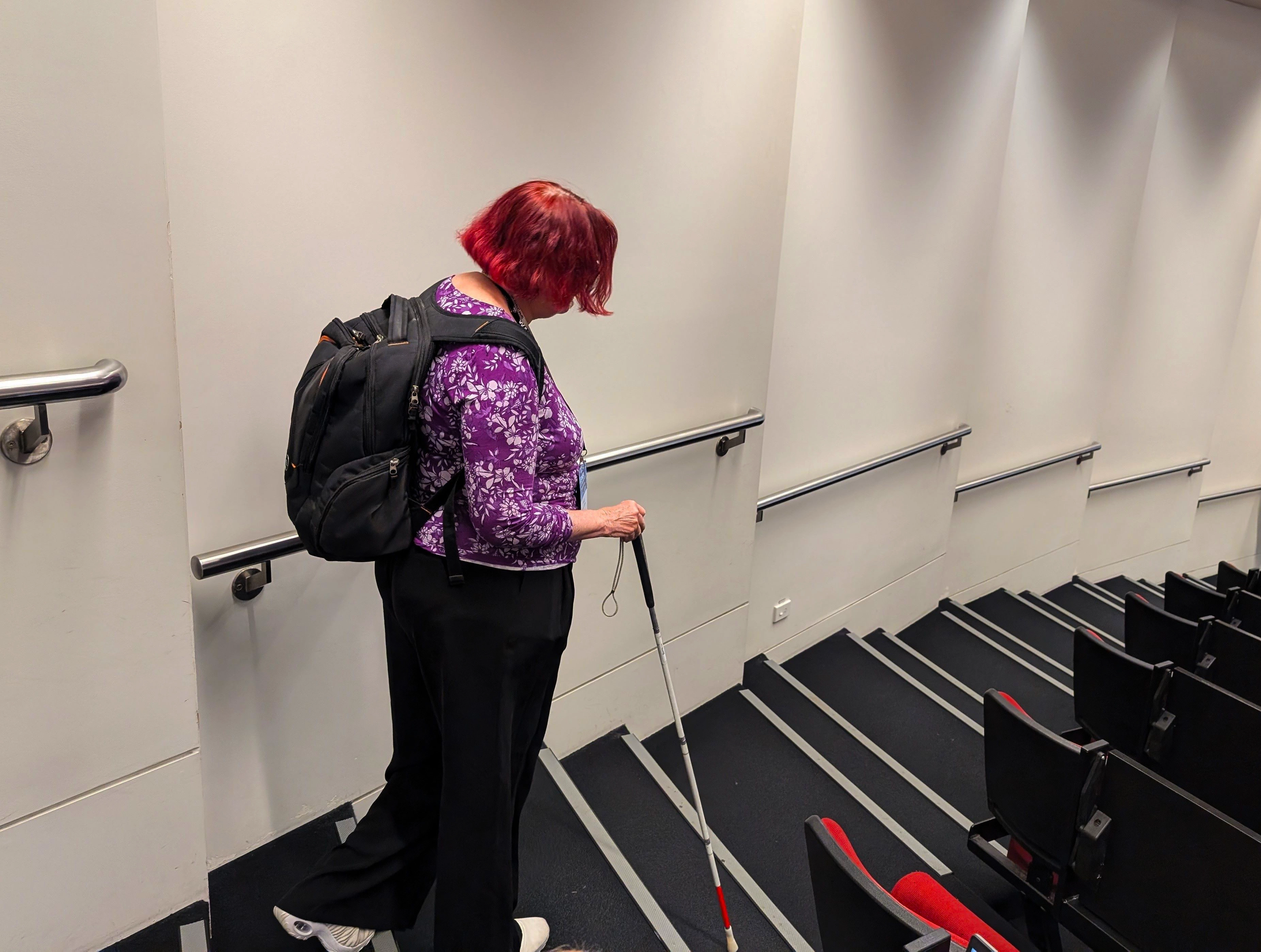 Sheelagh with a cane walking down the stairs with the discontinuous horizontal handrails.