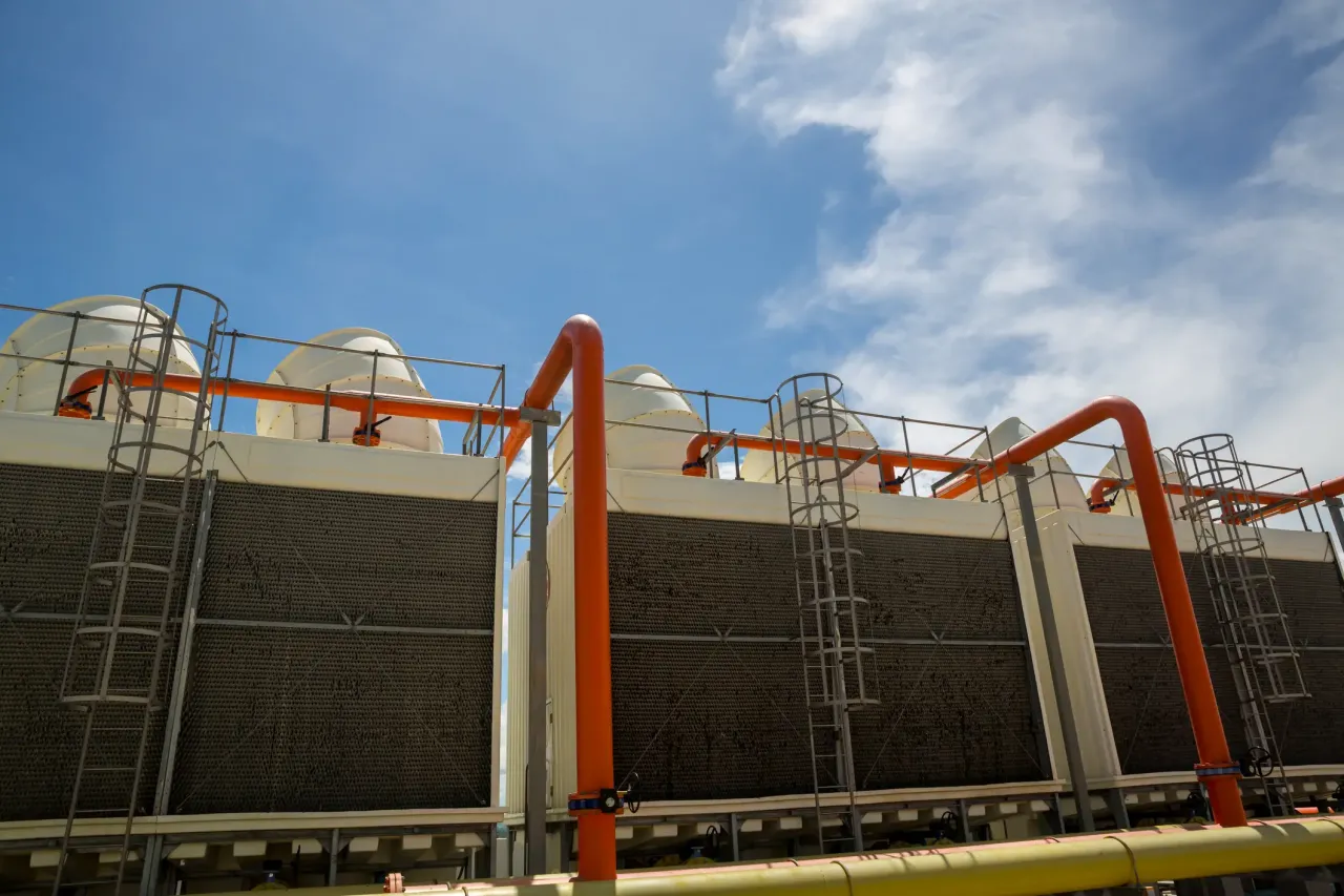 Cooling towers on the outside of a data center building.