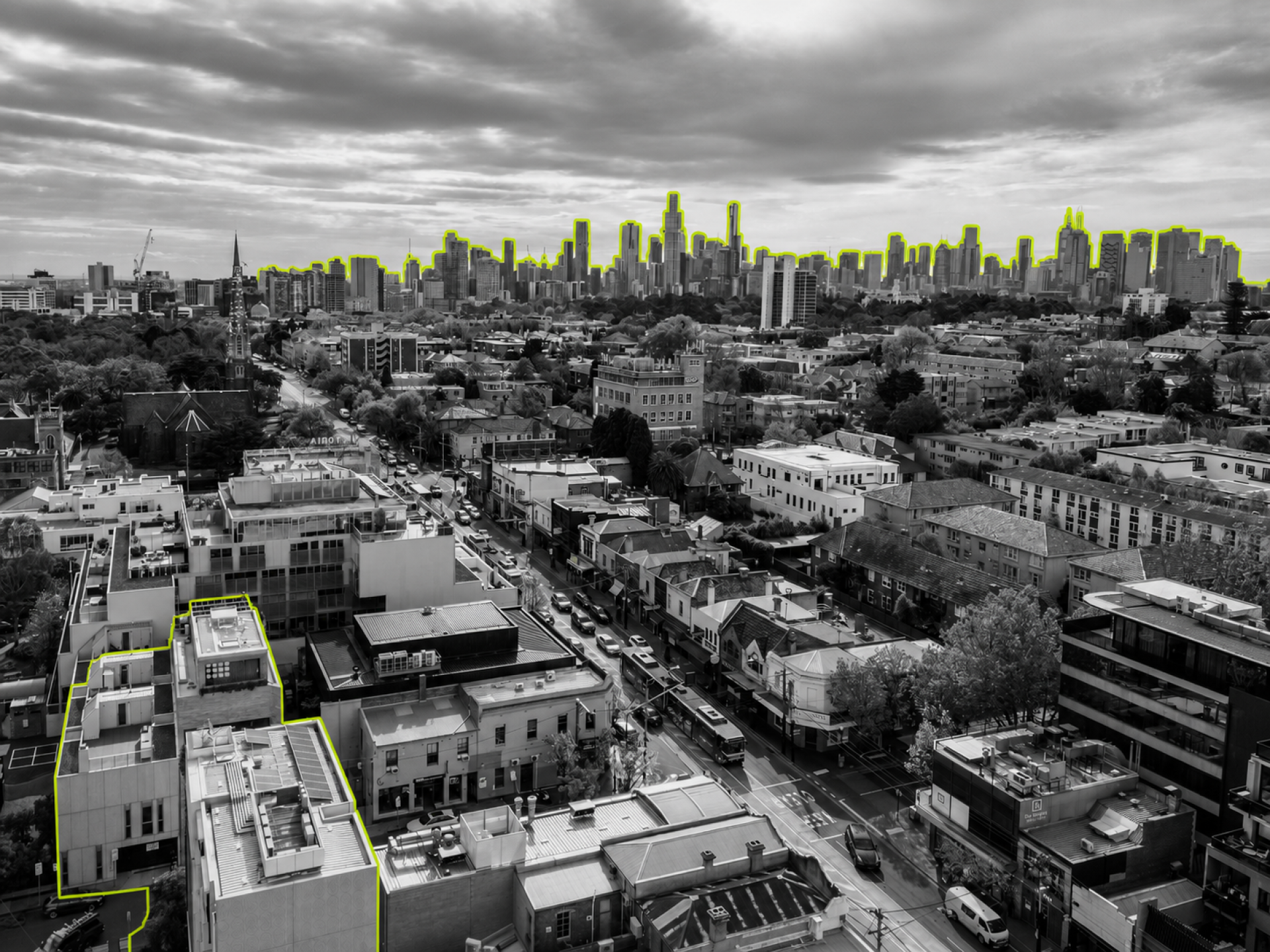 City skyline distance highlighted green