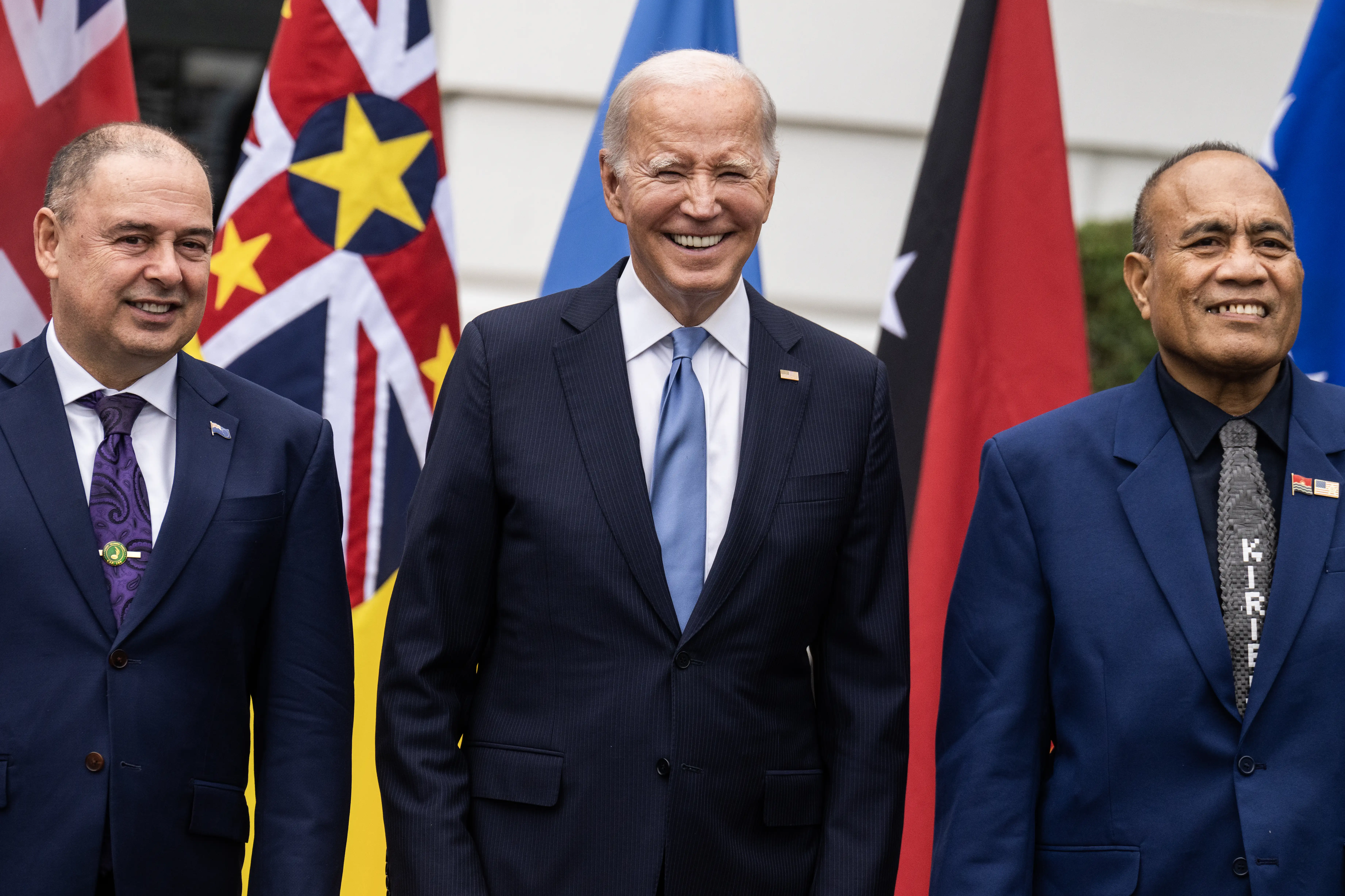 President Joe Biden with Cook Islands Prime Minister Mark Brown and Taneti Maamau, president of the Republic of Kiribati.