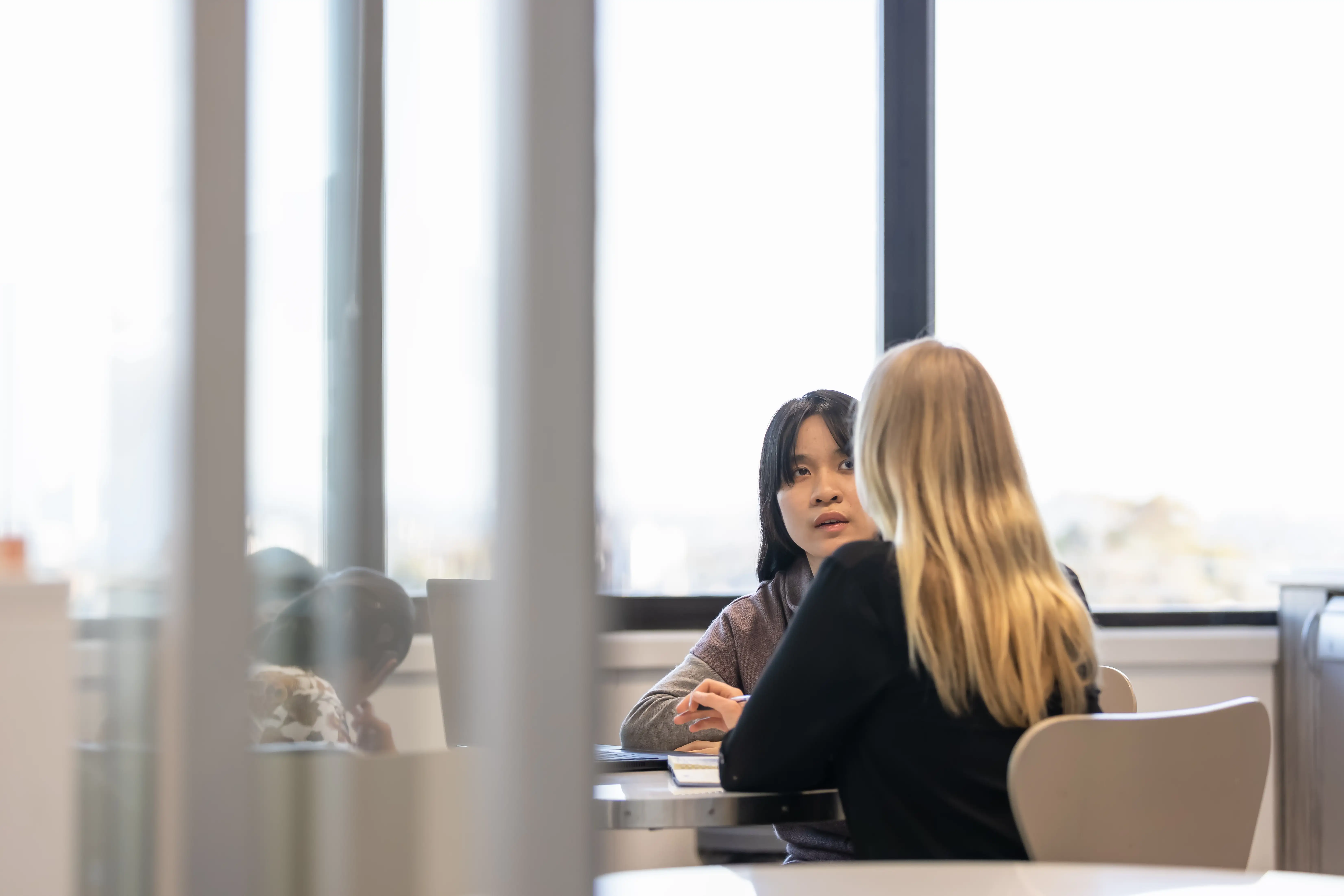 Two female colleagues in a discussion at work