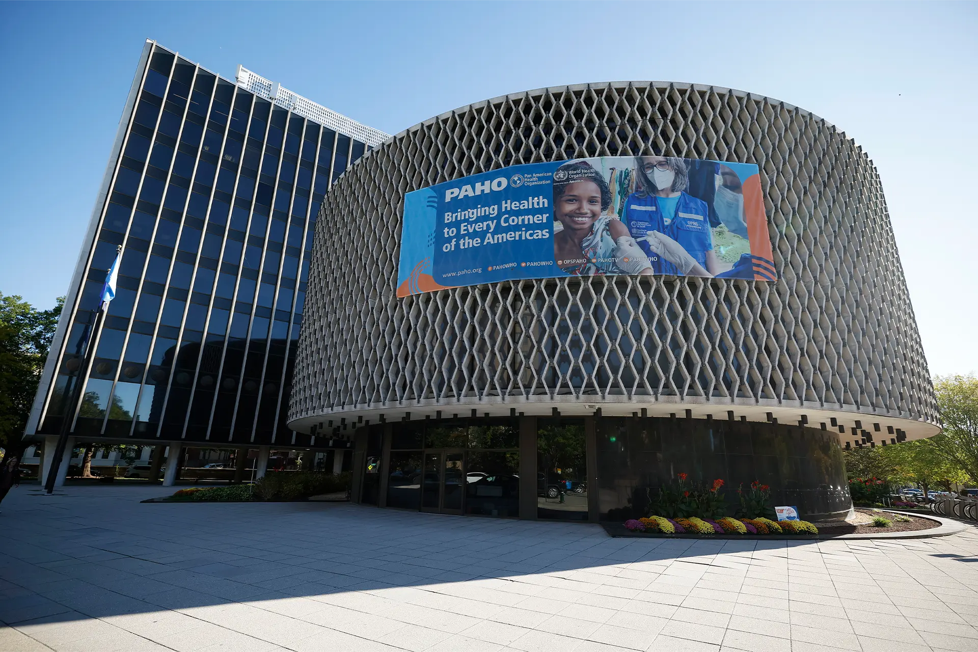 Large building with a health message banner