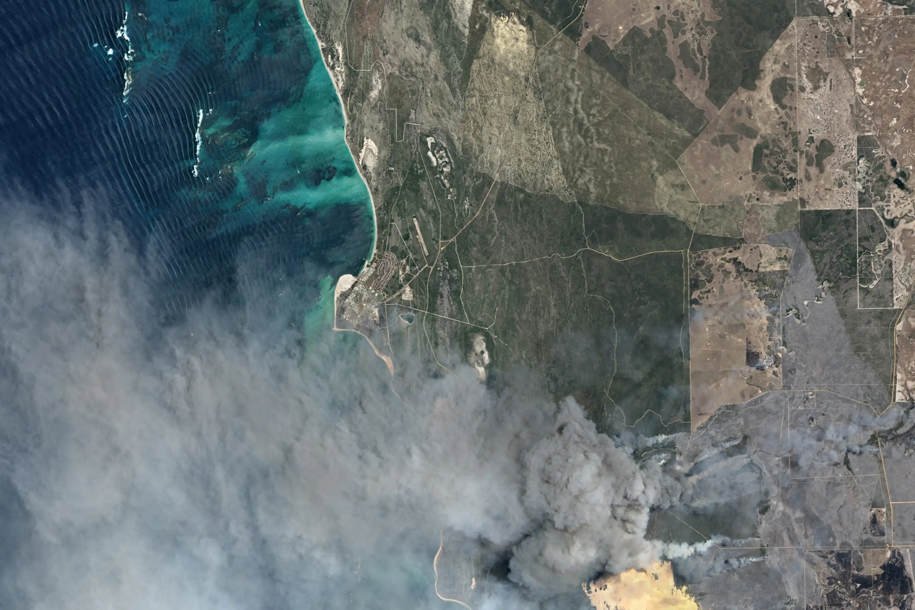 A satellite view of the Shire of Dandaragan bushfire near Cervantes, Western Australia, north of Perth