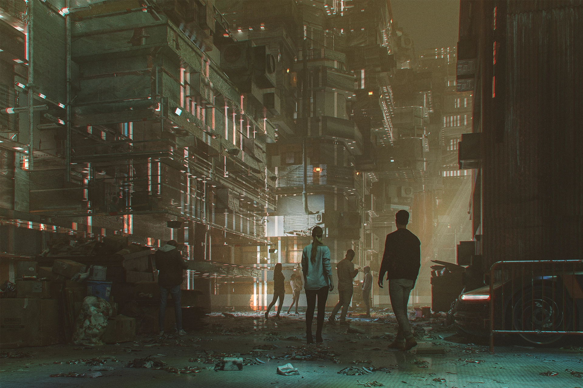 Science fiction-style image of people walking through a dark, abandoned city