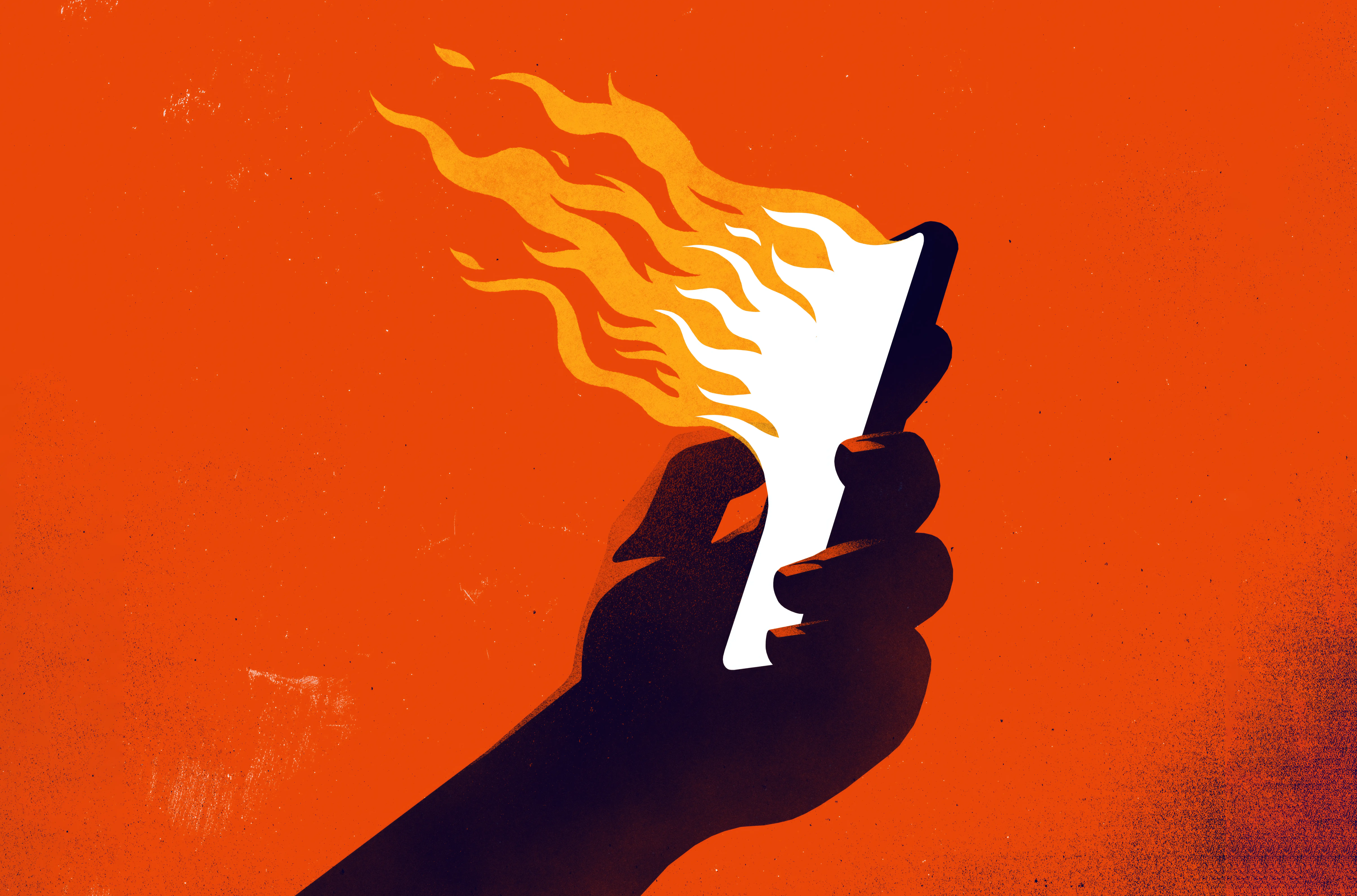 An illustration of a hand holding a mobile phone emanating flames on a red background